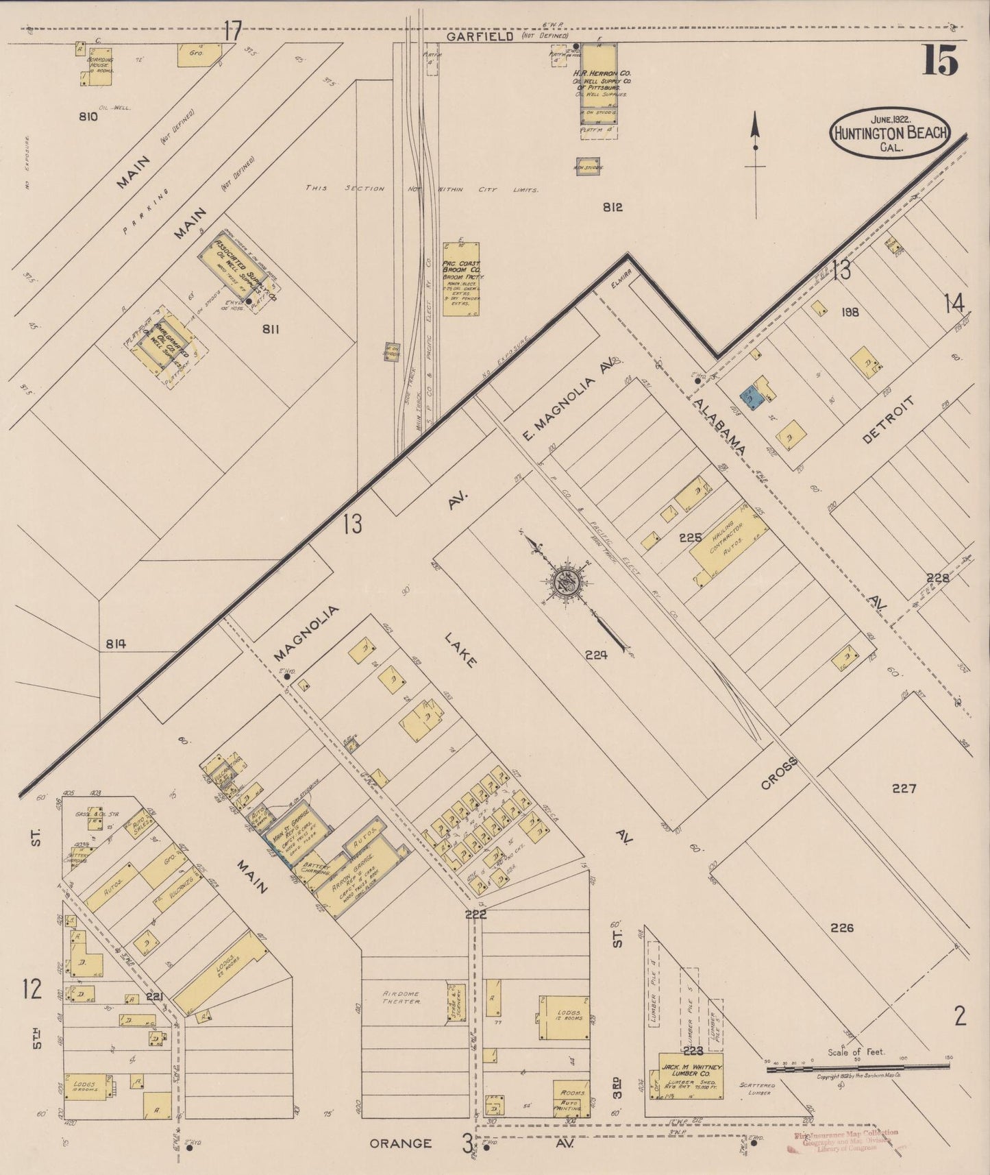 Sanborn Fire Insurance Map from Huntington Beach, Orange County, California (1922), Sheet #0015 - Historic Sanborn Fire Insurance Map Print, vintage old map wall art, antique decor, genealogy gift, California California map