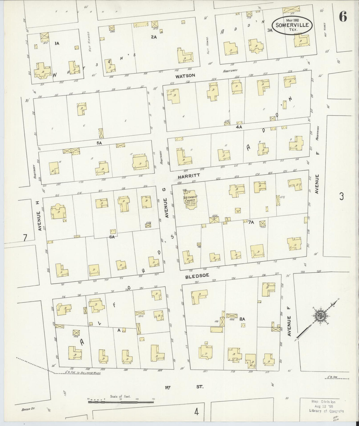Sanborn Fire Insurance Map from Somerville, Burleson County, Texas (1910), Sheet #0006 - Historic Sanborn Fire Insurance Map Print, vintage old map wall art, antique decor, genealogy gift, Texas Texas map