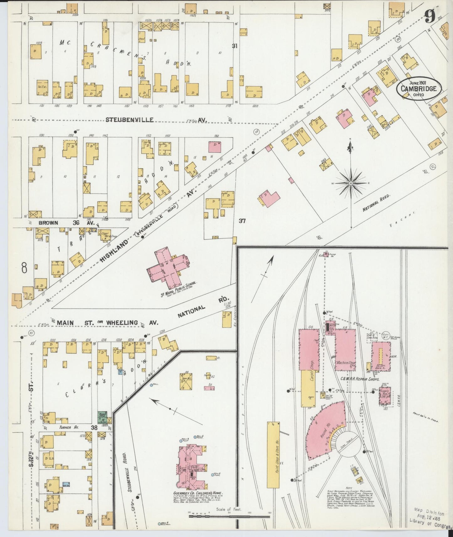 Sanborn Fire Insurance Map from Cambridge, Guernsey County, Ohio (1901), Sheet #0009 - Complete Map Set gallery image, historic Sanborn map, vintage wall art, Ohio Ohio
