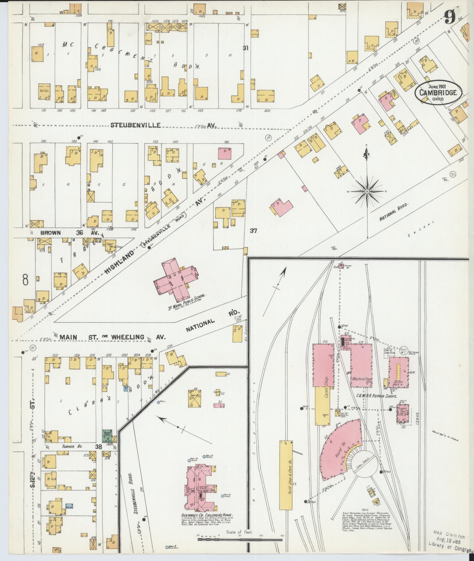 Sanborn Fire Insurance Map from Cambridge, Guernsey County, Ohio (1901), Sheet #0009 - Complete Map Set gallery image, historic Sanborn map, vintage wall art, Ohio Ohio