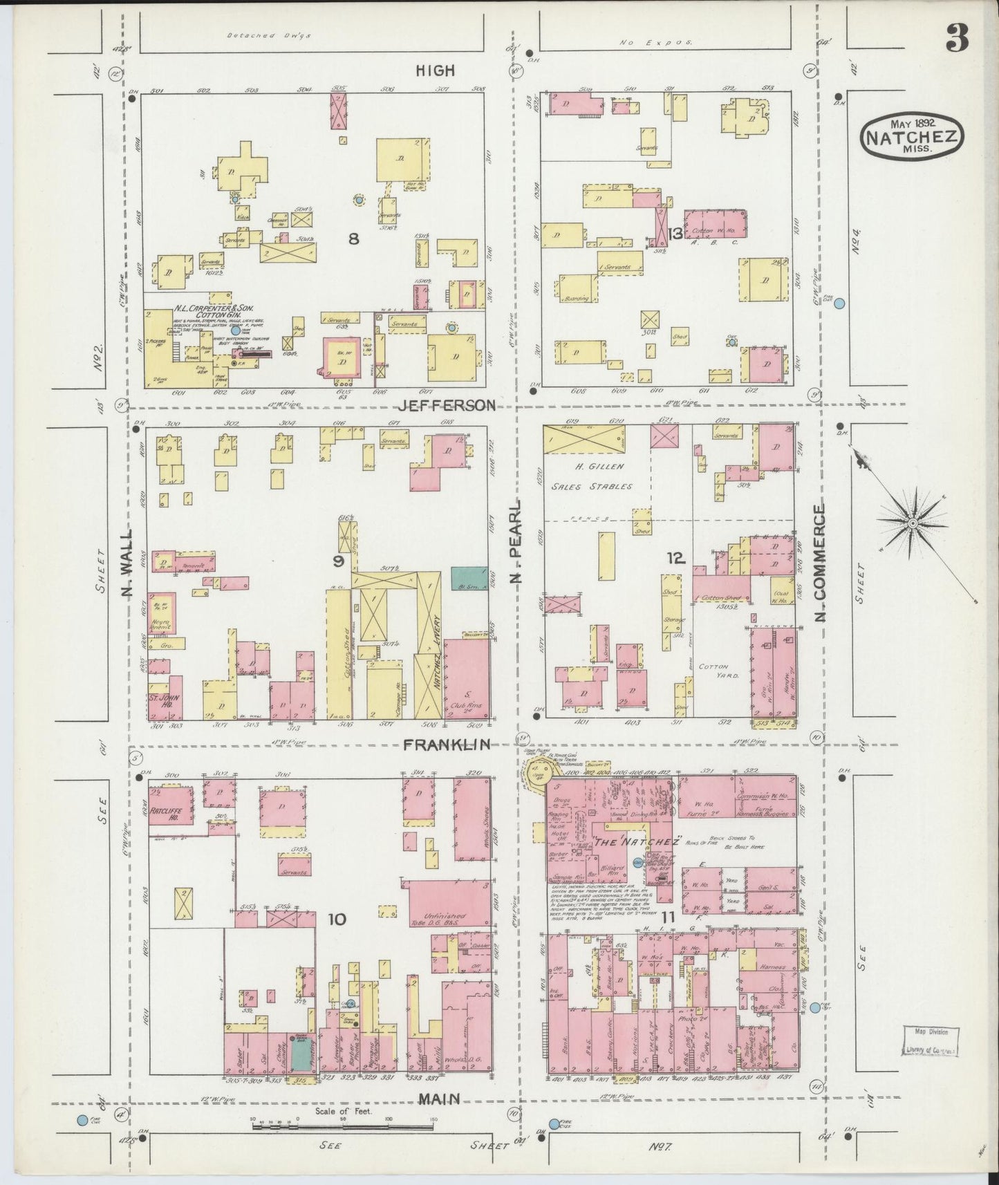Sanborn Fire Insurance Map from Natchez, Adams County, Mississippi (1892), Sheet #0003 - Complete Map Set gallery image, historic Sanborn map, vintage wall art, Mississippi Mississippi