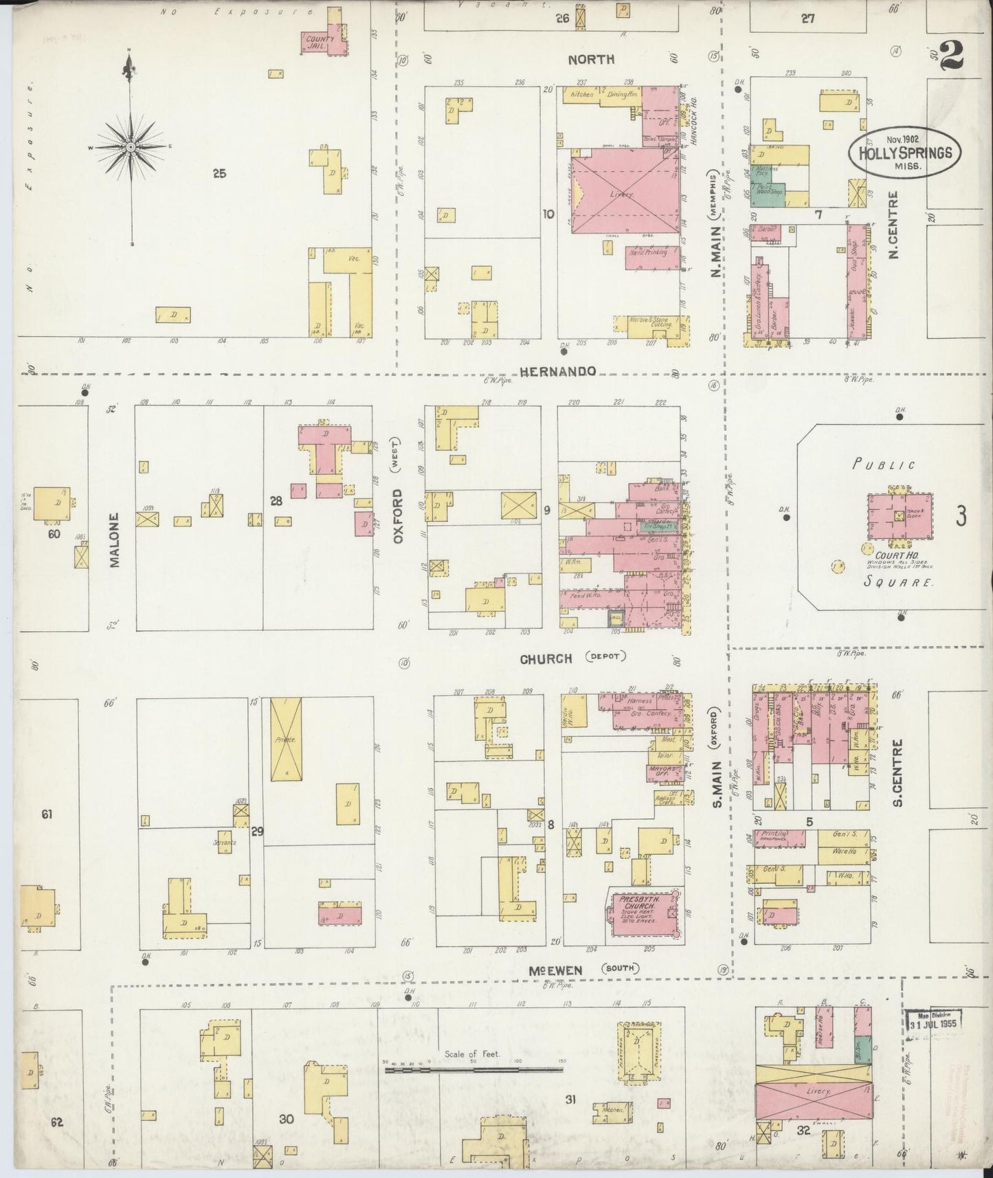 Sanborn Fire Insurance Map from Holly Springs, Marshall County, Mississippi (1902), Sheet #0002 - Historic Sanborn Fire Insurance Map Print, vintage old map wall art, antique decor, genealogy gift, Mississippi Mississippi map