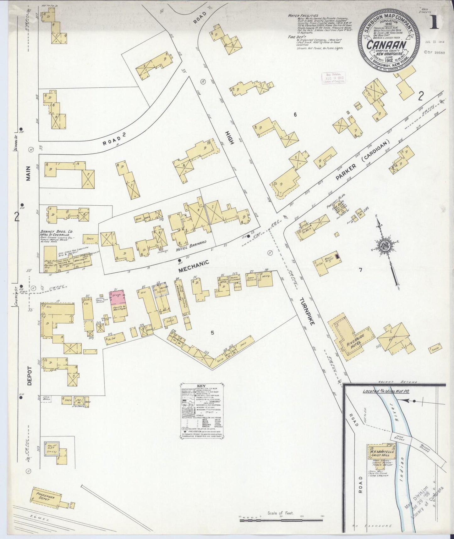 Sanborn Fire Insurance Map from Canaan, Grafton County, New Hampshire (1912), Sheet #0001 - Historic Sanborn Fire Insurance Map Print, vintage old map wall art, antique decor, genealogy gift, New Hampshire New Hampshire map