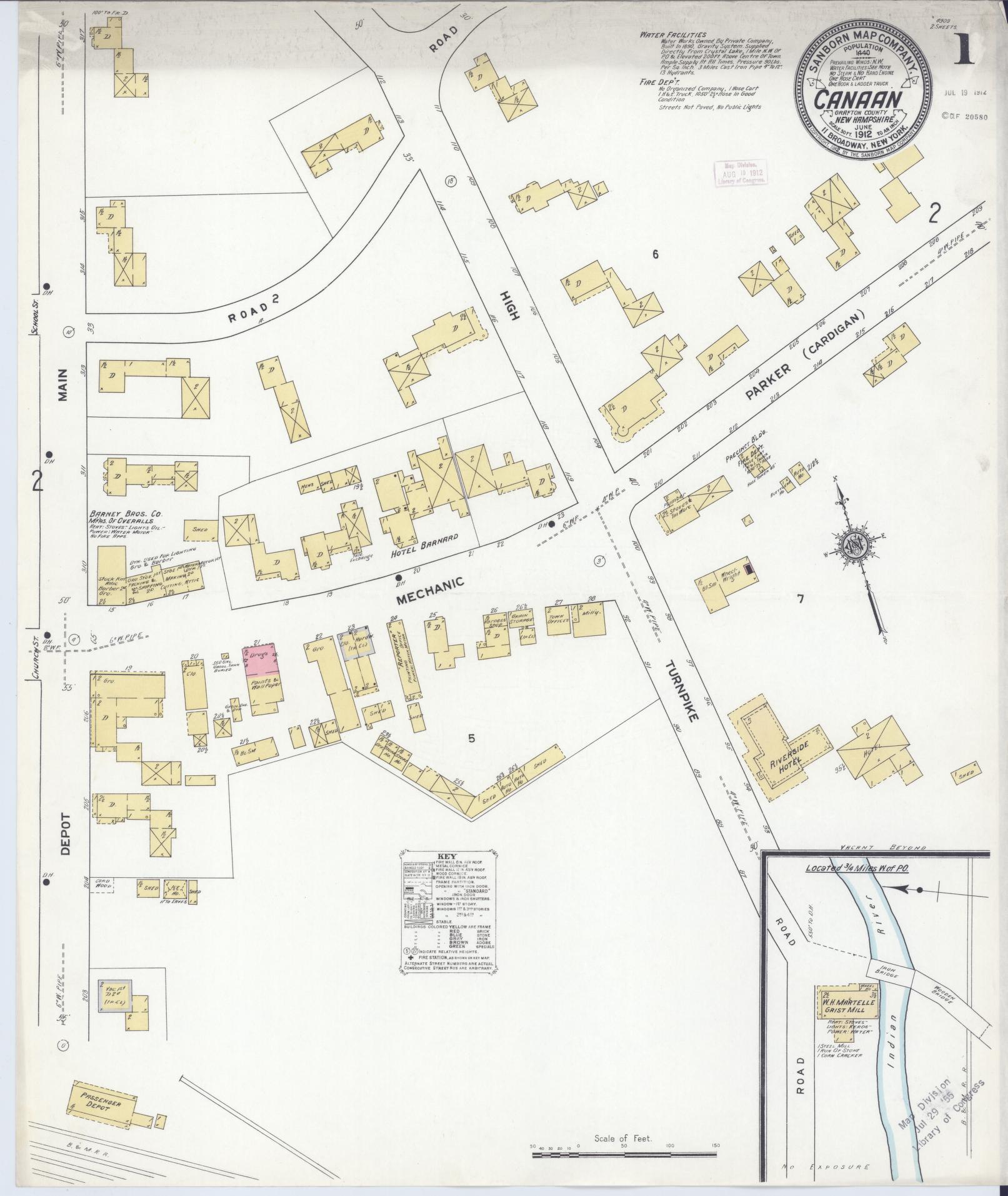 Sanborn Fire Insurance Map from Canaan, Grafton County, New Hampshire (1912), Sheet #0001 - Historic Sanborn Fire Insurance Map Print, vintage old map wall art, antique decor, genealogy gift, New Hampshire New Hampshire map