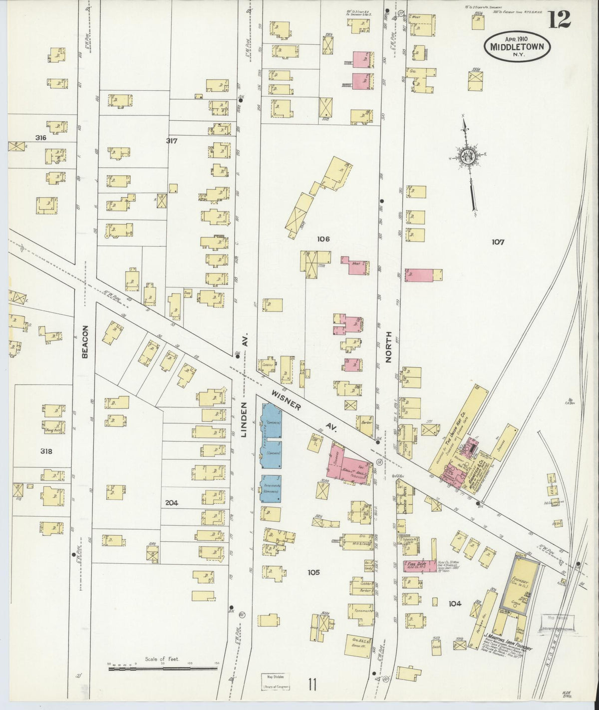 Sanborn Fire Insurance Map from Middletown, Orange County, New York (1910), Sheet #0012 - Complete Map Set gallery image, historic Sanborn map, vintage wall art, New York New York