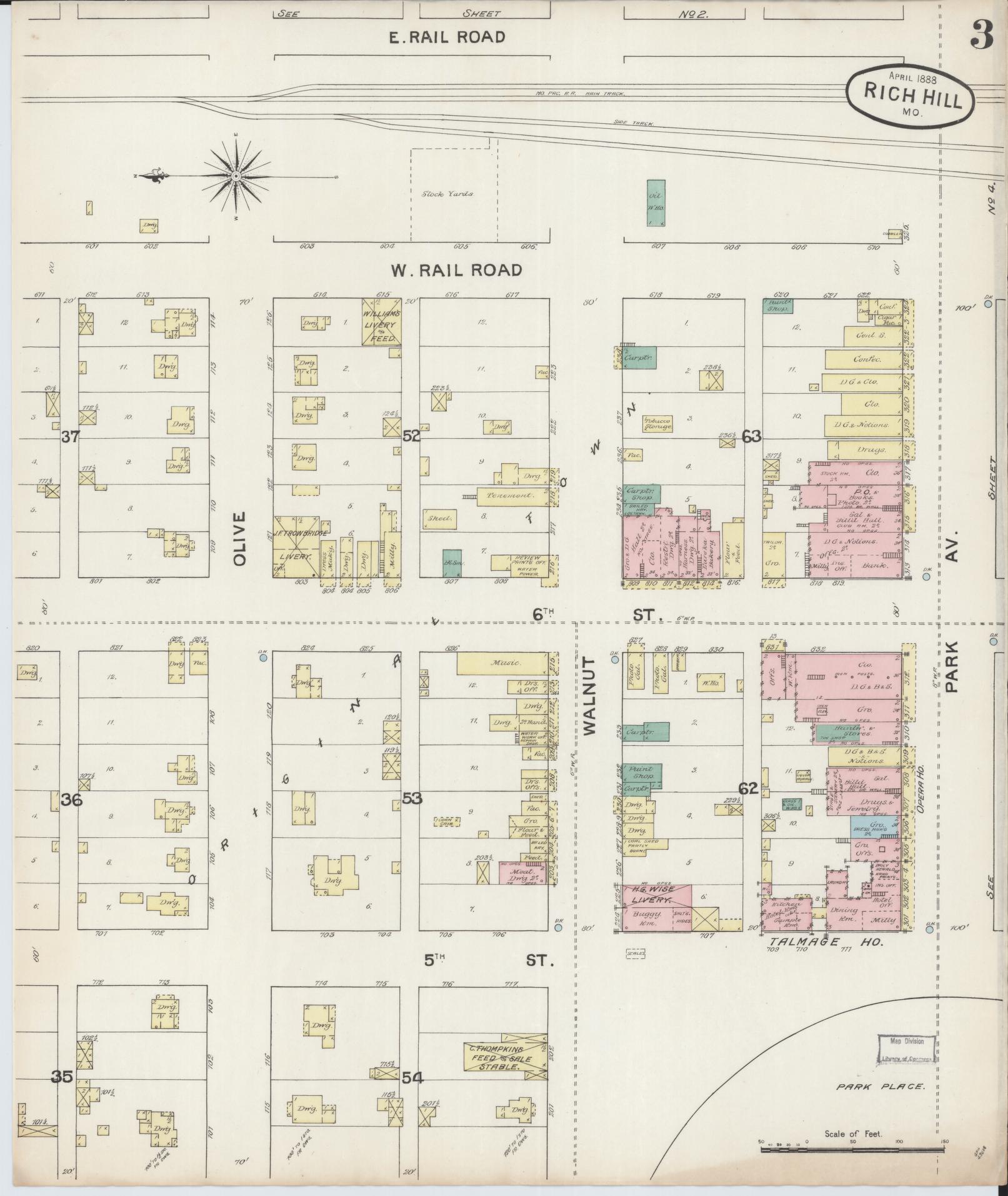 Sanborn Fire Insurance Map from Rich Hill, Bates County, Missouri (1888), Sheet #0003 - Complete Map Set gallery image, historic Sanborn map, vintage wall art, Missouri Missouri