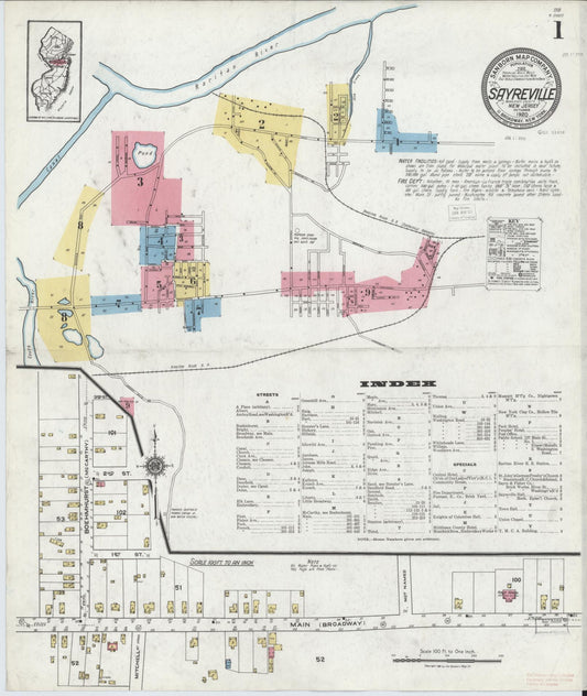 Sanborn Fire Insurance Map from Sayreville, Middlesex County, New Jersey (1920), Sheet #0001 - Historic Sanborn Fire Insurance Map Print, vintage old map wall art, antique decor, genealogy gift, New Jersey New Jersey map