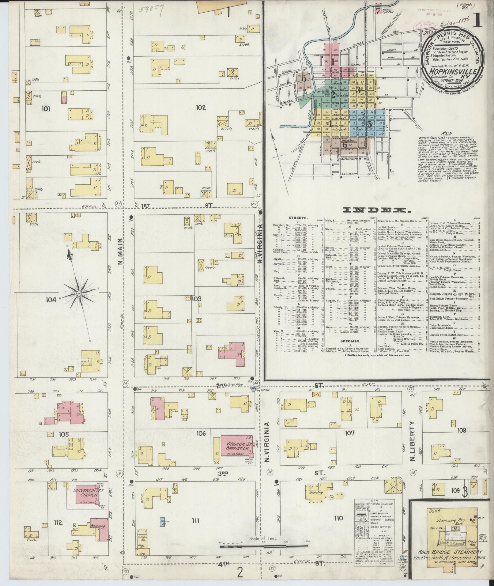 Sanborn Fire Insurance Map from Hopkinsville, Christian County, Kentucky (1896), Sheet #0001 - Complete Map Set gallery image, historic Sanborn map, vintage wall art, Kentucky Kentucky