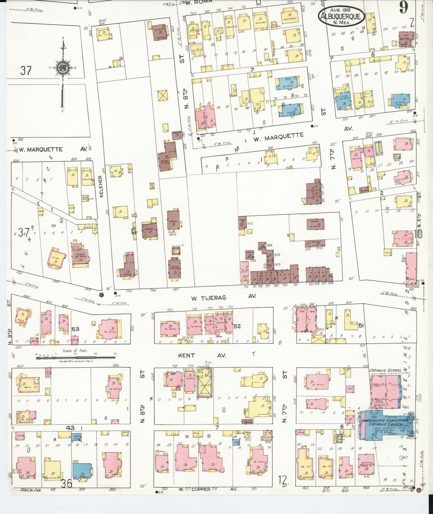 Sanborn Fire Insurance Map from Albuquerque, Bernalillo County, New Mexico (1919), Sheet #0009 - Complete Map Set gallery image, historic Sanborn map, vintage wall art, New Mexico New Mexico