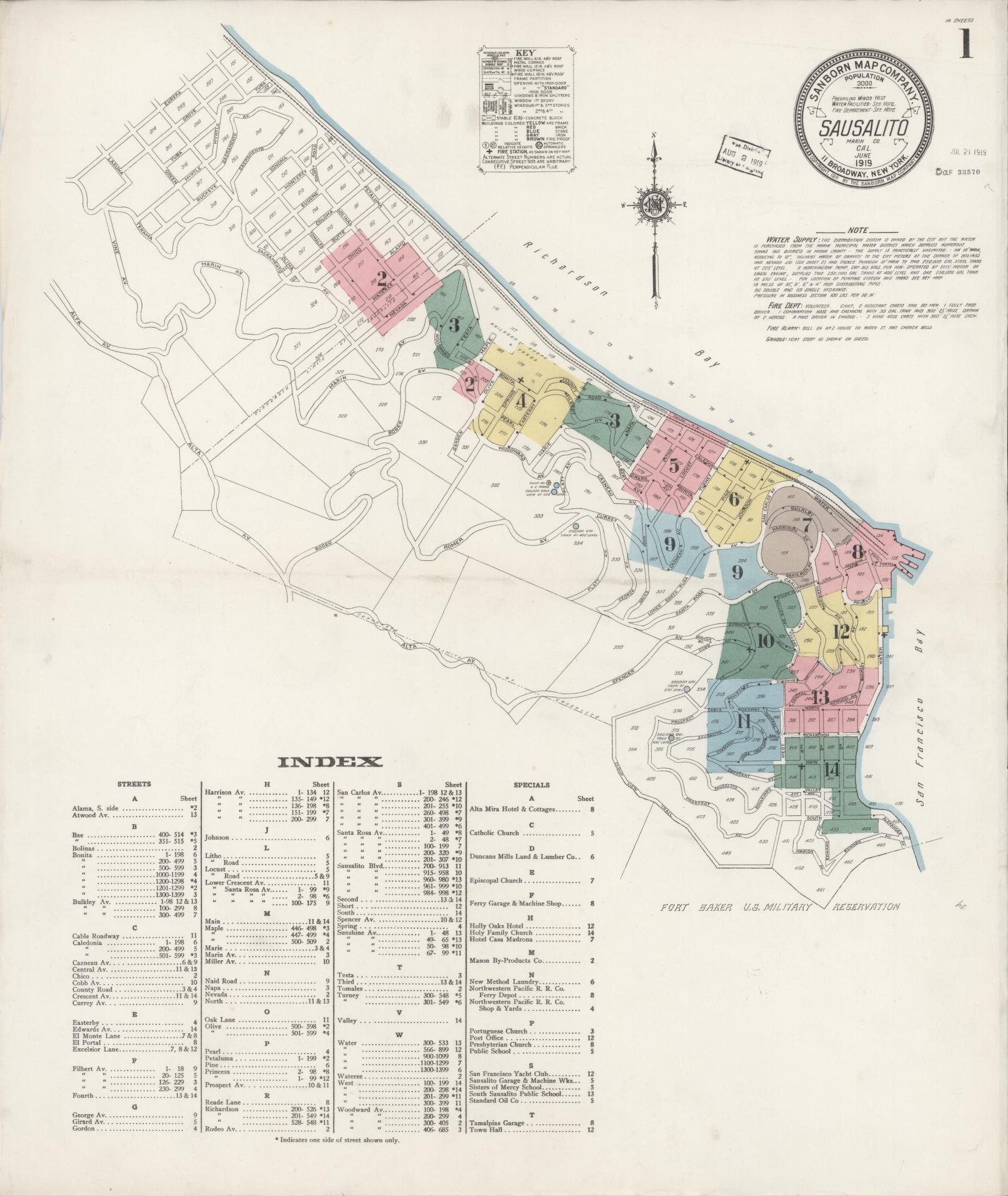 Sanborn Fire Insurance Map from Sausalito, Marin County, California (1919), Sheet #0001 - Complete Map Set gallery image, historic Sanborn map, vintage wall art, California California