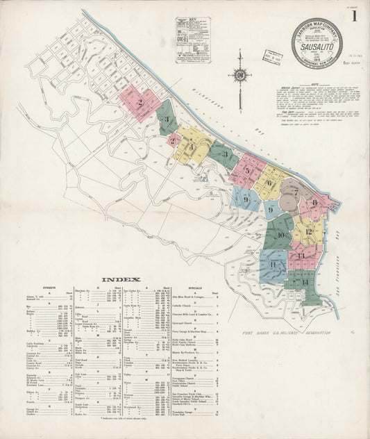 Sanborn Fire Insurance Map from Sausalito, Marin County, California (1919), Sheet #0001 - Complete Map Set gallery image, historic Sanborn map, vintage wall art, California California