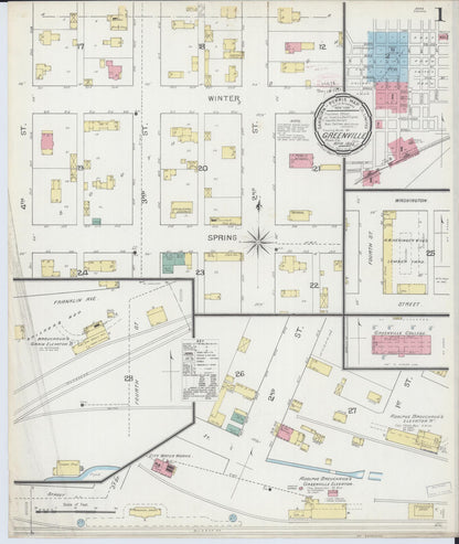 Sanborn Fire Insurance Map from Greenville, Bond County, Illinois (1893), Sheet #0001 - Historic Sanborn Fire Insurance Map Print, vintage old map wall art, antique decor, genealogy gift, Illinois Illinois map