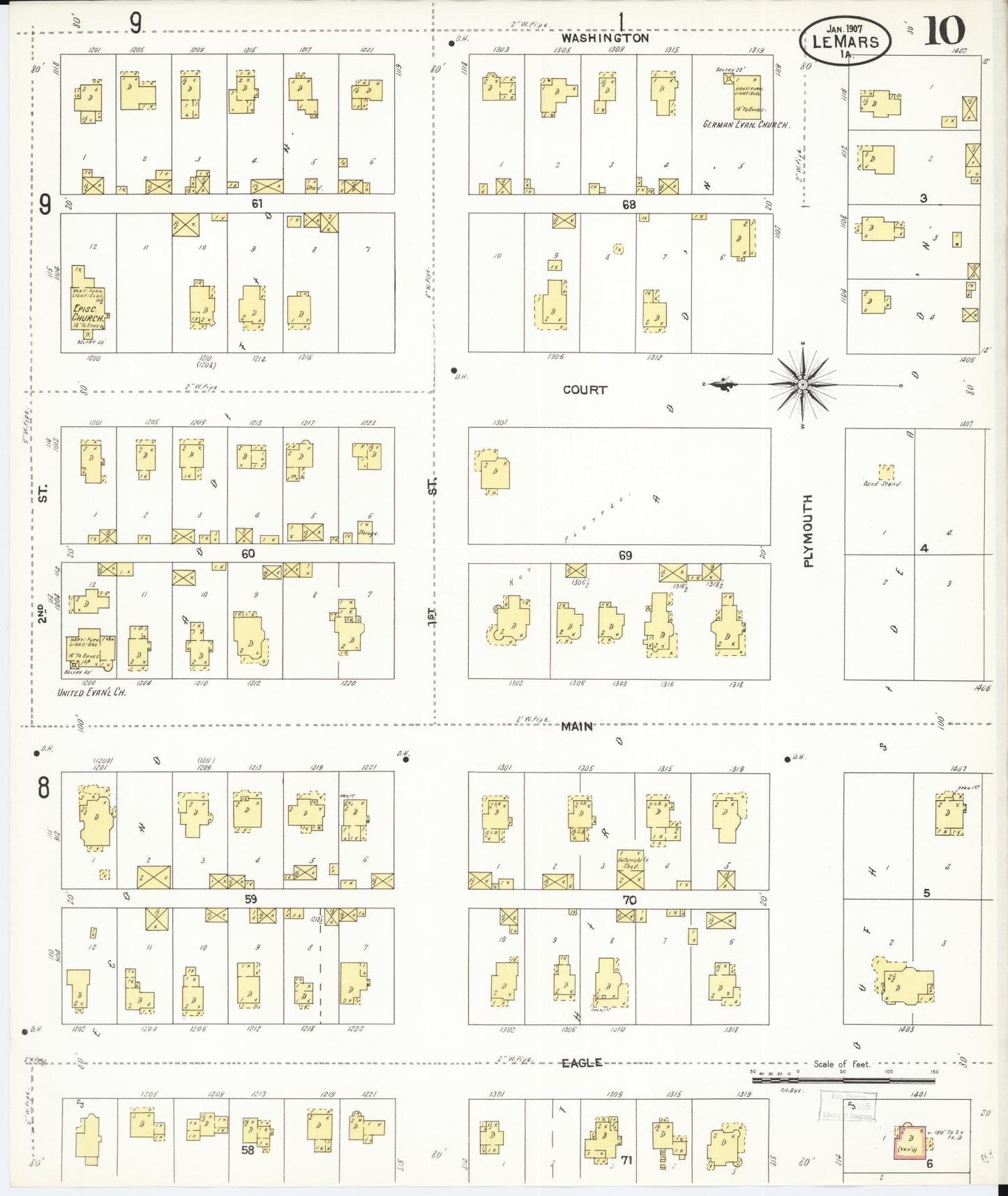 Sanborn Fire Insurance Map from Le Mars, Plymouth County, Iowa (1907), Sheet #0010 - Historic Sanborn Fire Insurance Map Print, vintage old map wall art