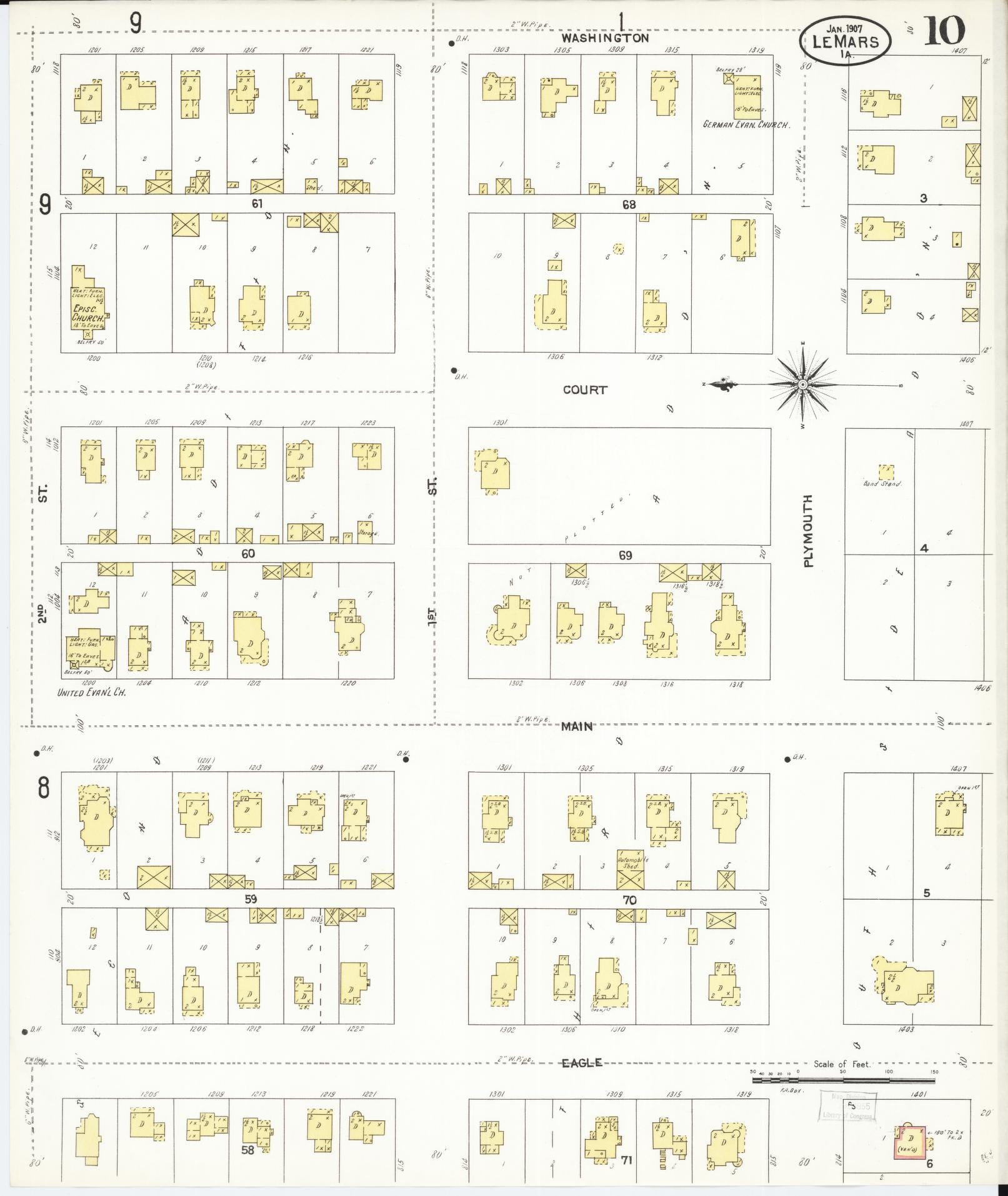 Sanborn Fire Insurance Map from Le Mars, Plymouth County, Iowa (1907), Sheet #0010 - Historic Sanborn Fire Insurance Map Print, vintage old map wall art