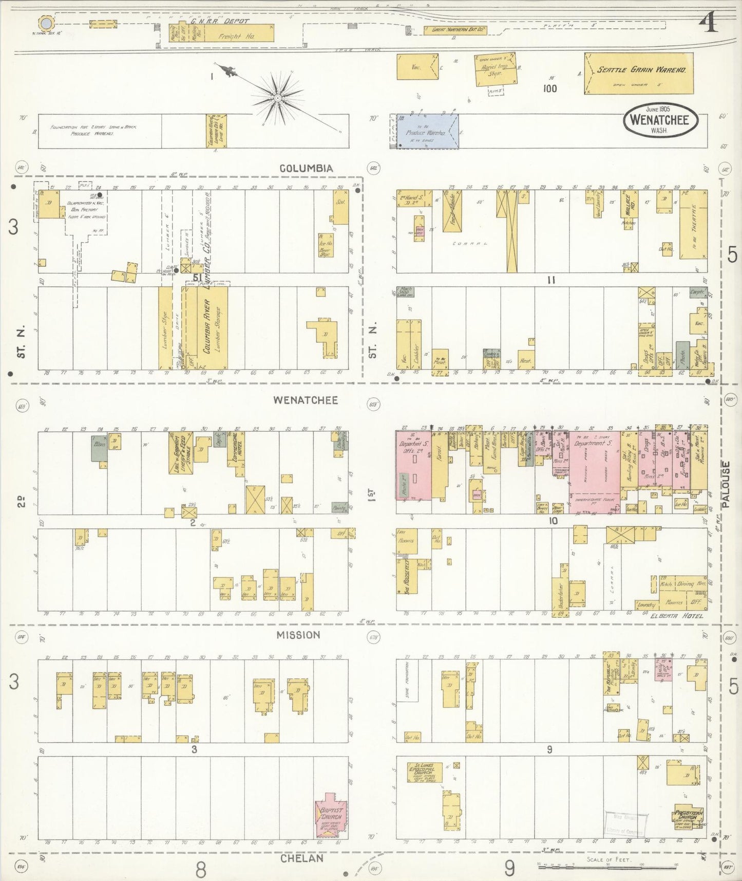 Sanborn Fire Insurance Map from Wenatchee, Chelan County, Washington (1905), Sheet #0004 - Complete Map Set gallery image, historic Sanborn map, vintage wall art, Washington Washington
