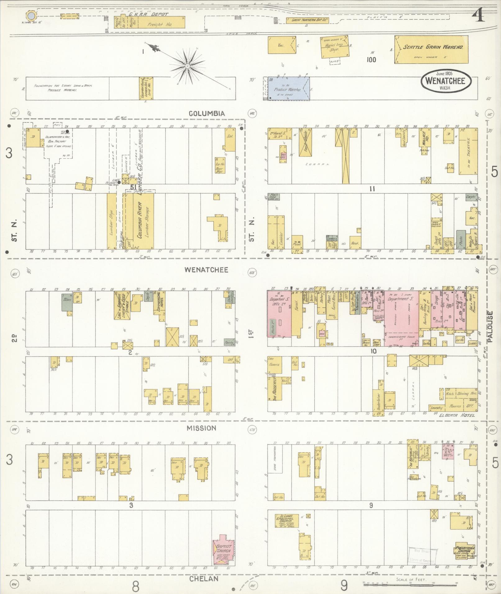 Sanborn Fire Insurance Map from Wenatchee, Chelan County, Washington (1905), Sheet #0004 - Complete Map Set gallery image, historic Sanborn map, vintage wall art, Washington Washington