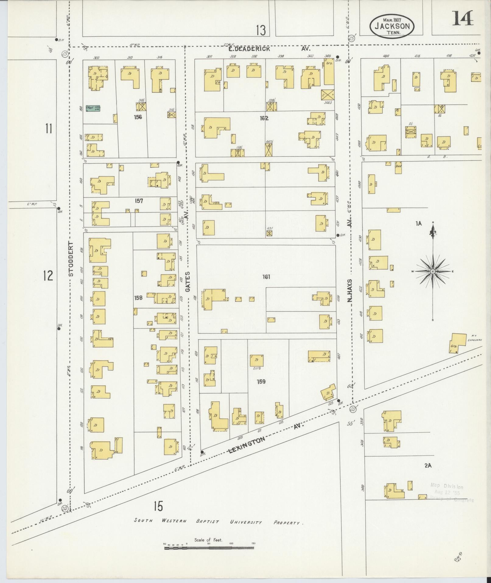 Sanborn Fire Insurance Map from Jackson, Madison County, Tennessee (1907), Sheet #0014 - Historic Sanborn Fire Insurance Map Print, vintage old map wall art, antique decor, genealogy gift, Tennessee Tennessee map