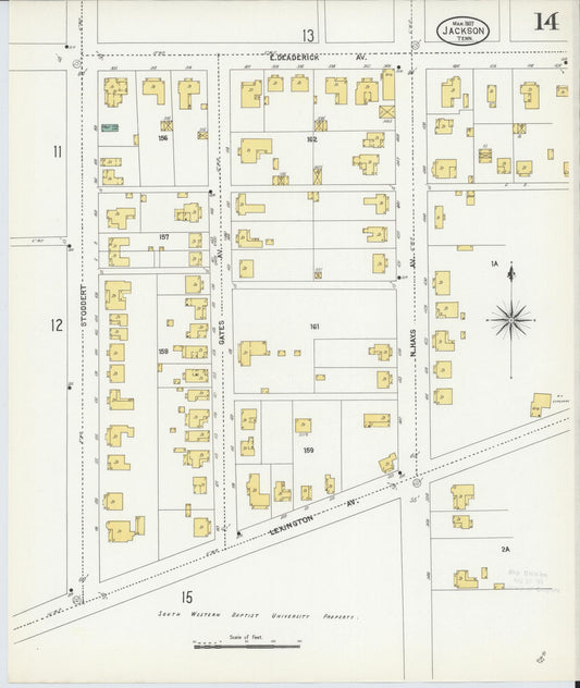 Sanborn Fire Insurance Map from Jackson, Madison County, Tennessee (1907), Sheet #0014 - Historic Sanborn Fire Insurance Map Print, vintage old map wall art, antique decor, genealogy gift, Tennessee Tennessee map