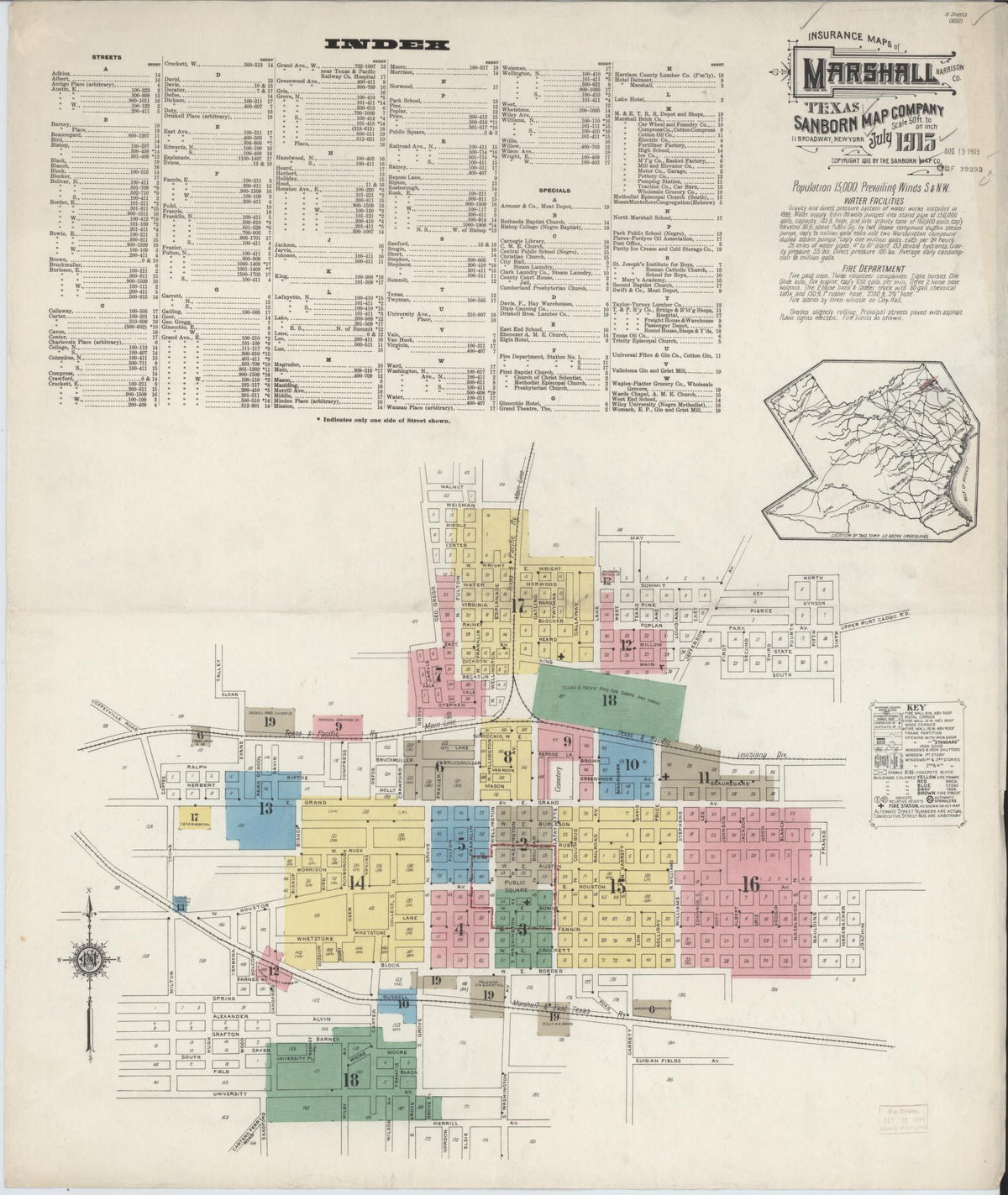 Sanborn Fire Insurance Map from Marshall, Harrison County, Texas (1915), Sheet #0001 - Complete Map Set gallery image, historic Sanborn map, vintage wall art, Texas Texas