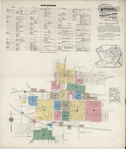 Sanborn Fire Insurance Map from Marshall, Harrison County, Texas (1915), Sheet #0001 - Complete Map Set gallery image, historic Sanborn map, vintage wall art, Texas Texas