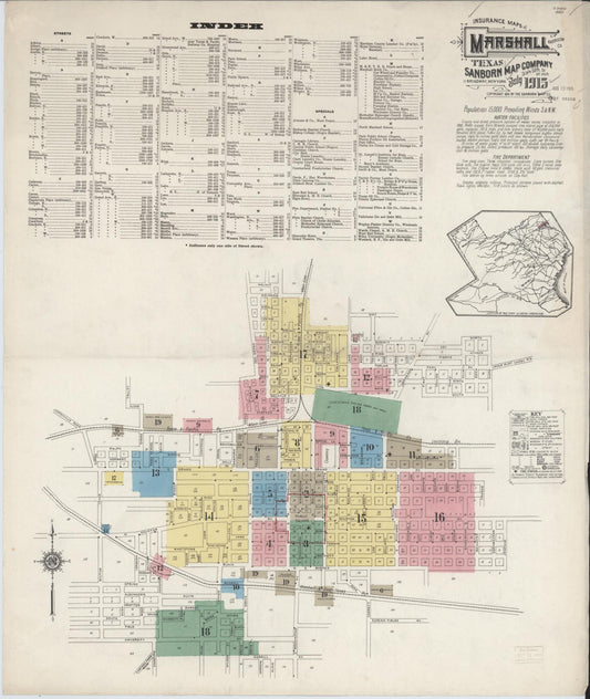 Sanborn Fire Insurance Map from Marshall, Harrison County, Texas (1915), Sheet #0001 - Complete Map Set gallery image, historic Sanborn map, vintage wall art, Texas Texas