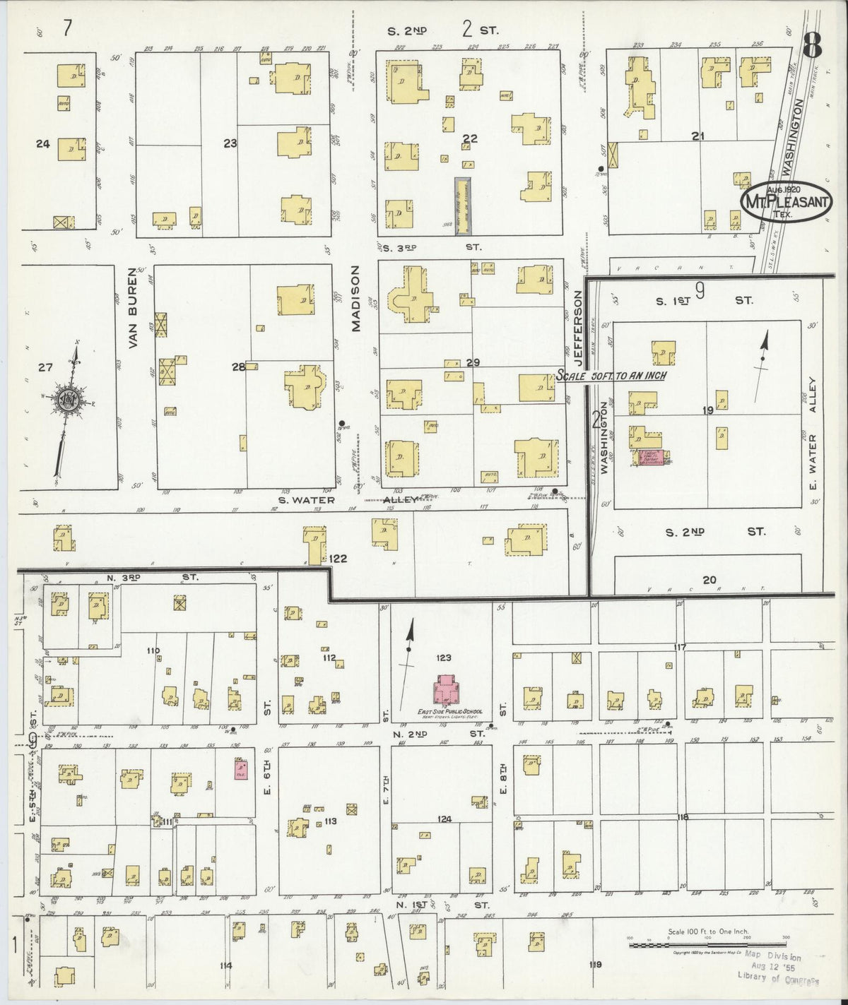 Sanborn Fire Insurance Map from Mount Pleasant, Titus County, Texas (1920), Sheet #0008 - Complete Map Set gallery image, historic Sanborn map, vintage wall art, Texas Texas