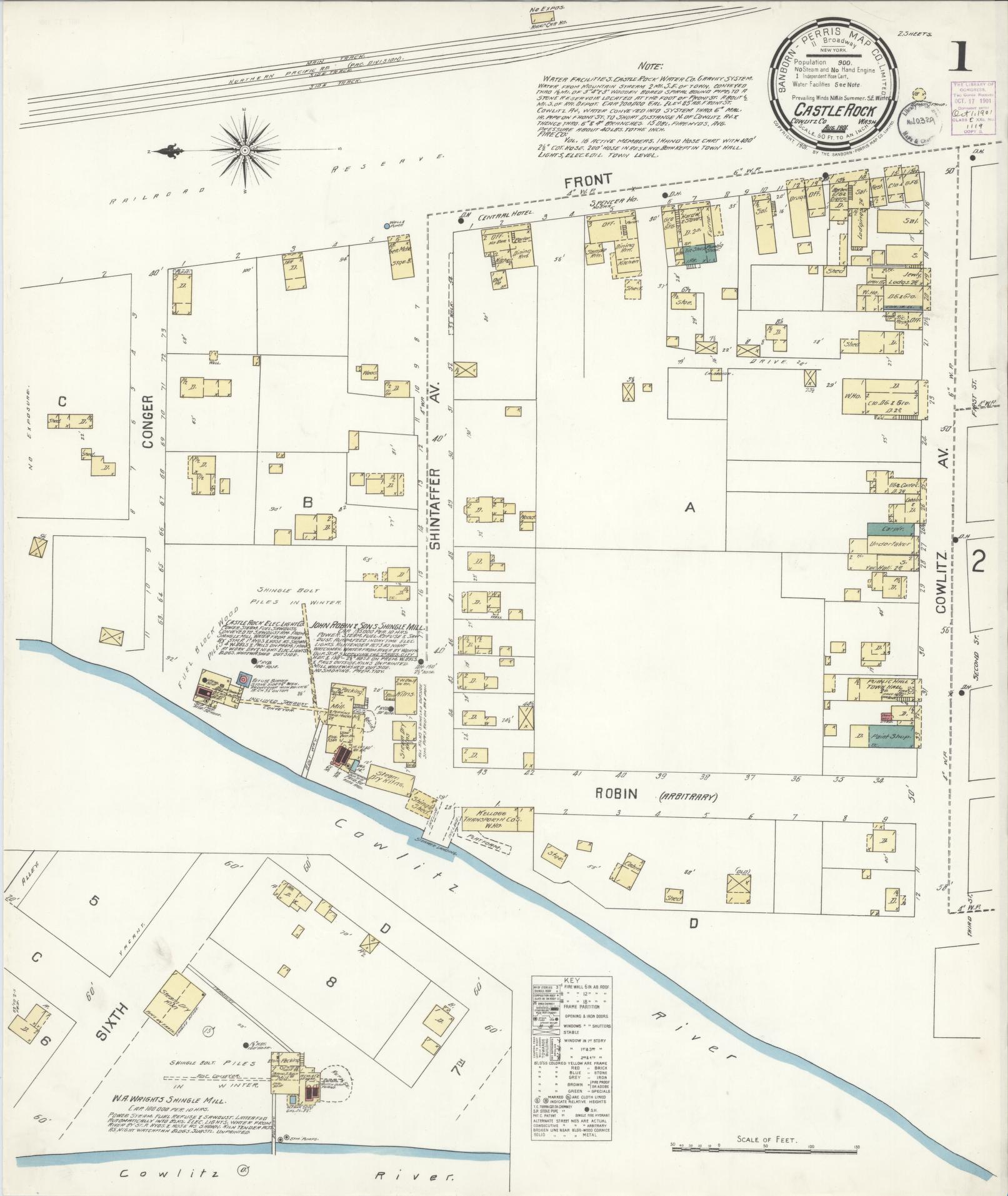 Sanborn Fire Insurance Map from Castle Rock, Cowlitz County, Washington (1901), Sheet #0001 - Complete Map Set gallery image, historic Sanborn map, vintage wall art, Washington Washington