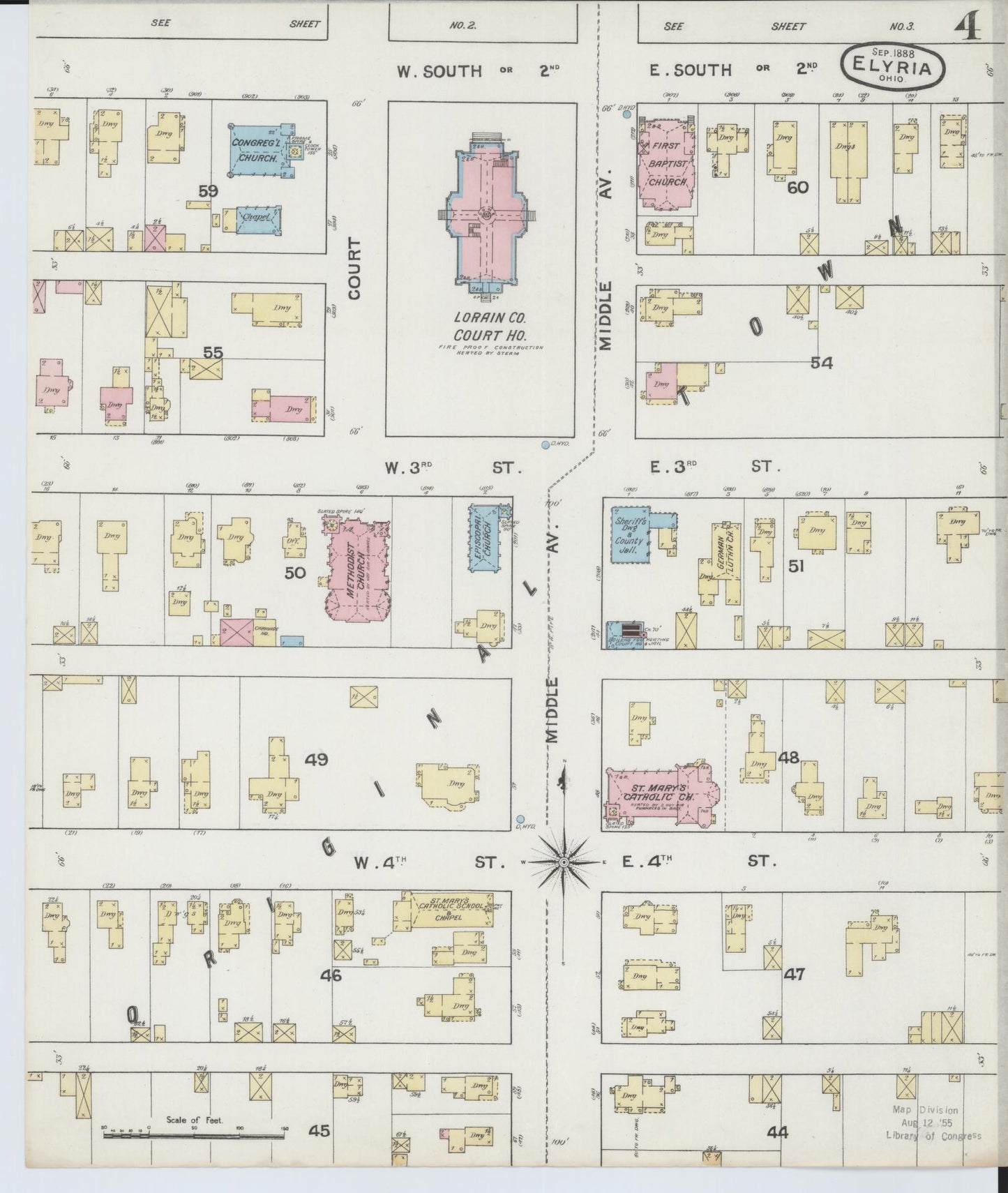 Sanborn Fire Insurance Map from Elyria, Lorain County, Ohio (1888), Sheet #0004 - Historic Sanborn Fire Insurance Map Print, vintage old map wall art, antique decor, genealogy gift, Ohio Ohio map