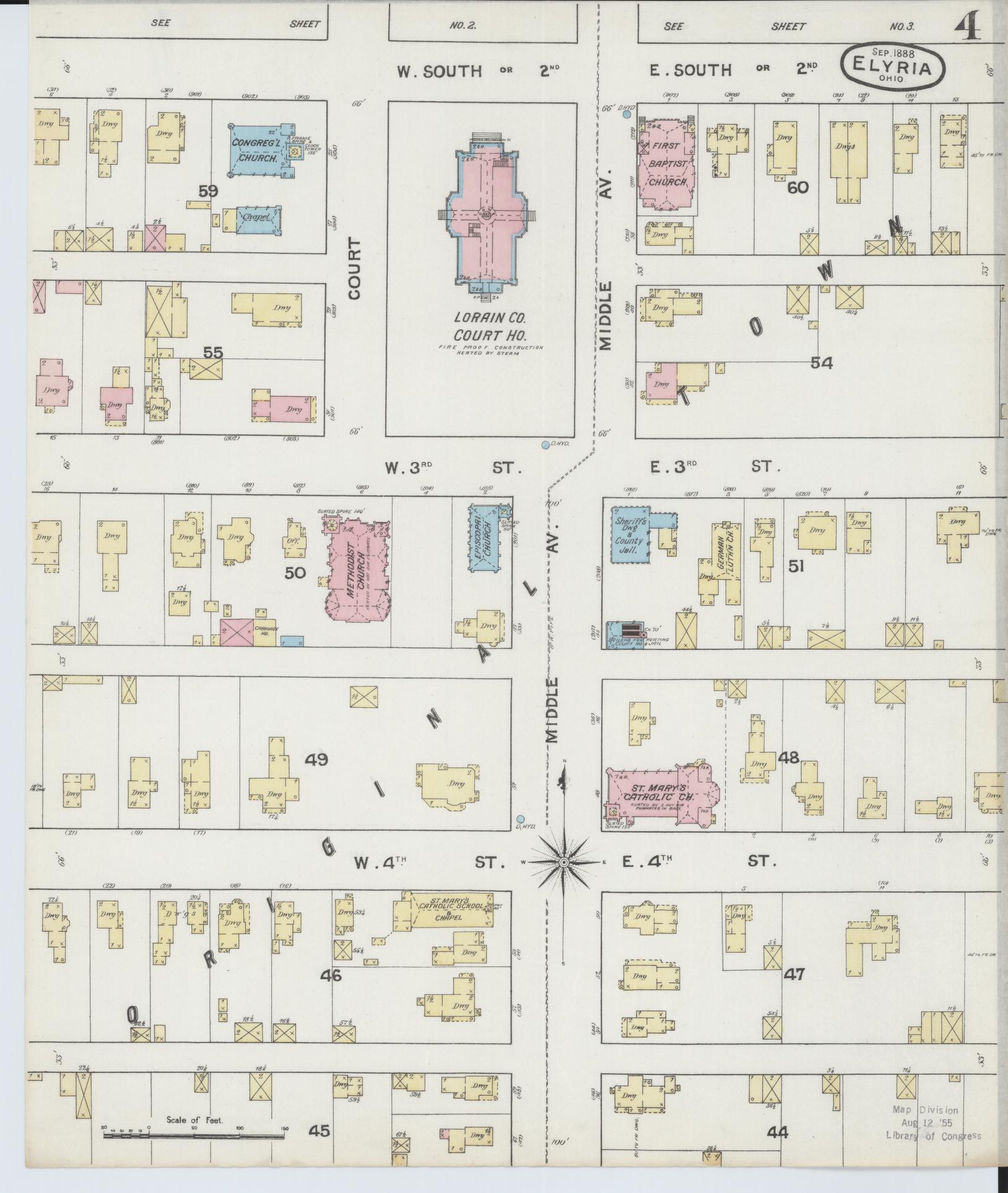Sanborn Fire Insurance Map from Elyria, Lorain County, Ohio (1888), Sheet #0004 - Historic Sanborn Fire Insurance Map Print, vintage old map wall art, antique decor, genealogy gift, Ohio Ohio map