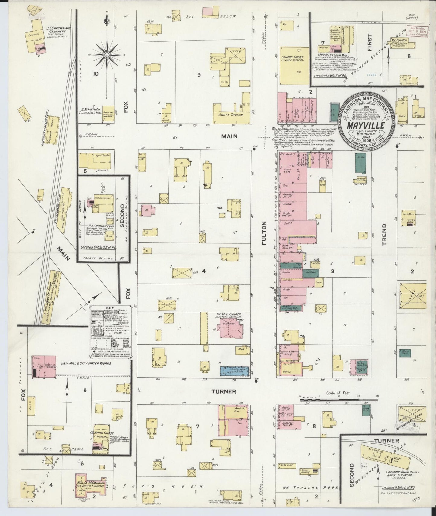 Sanborn Fire Insurance Map from Mayville, Tuscola County, Michigan (1909), Sheet #0001 - Historic Sanborn Fire Insurance Map Print, vintage old map wall art, antique decor, genealogy gift, Michigan Michigan map