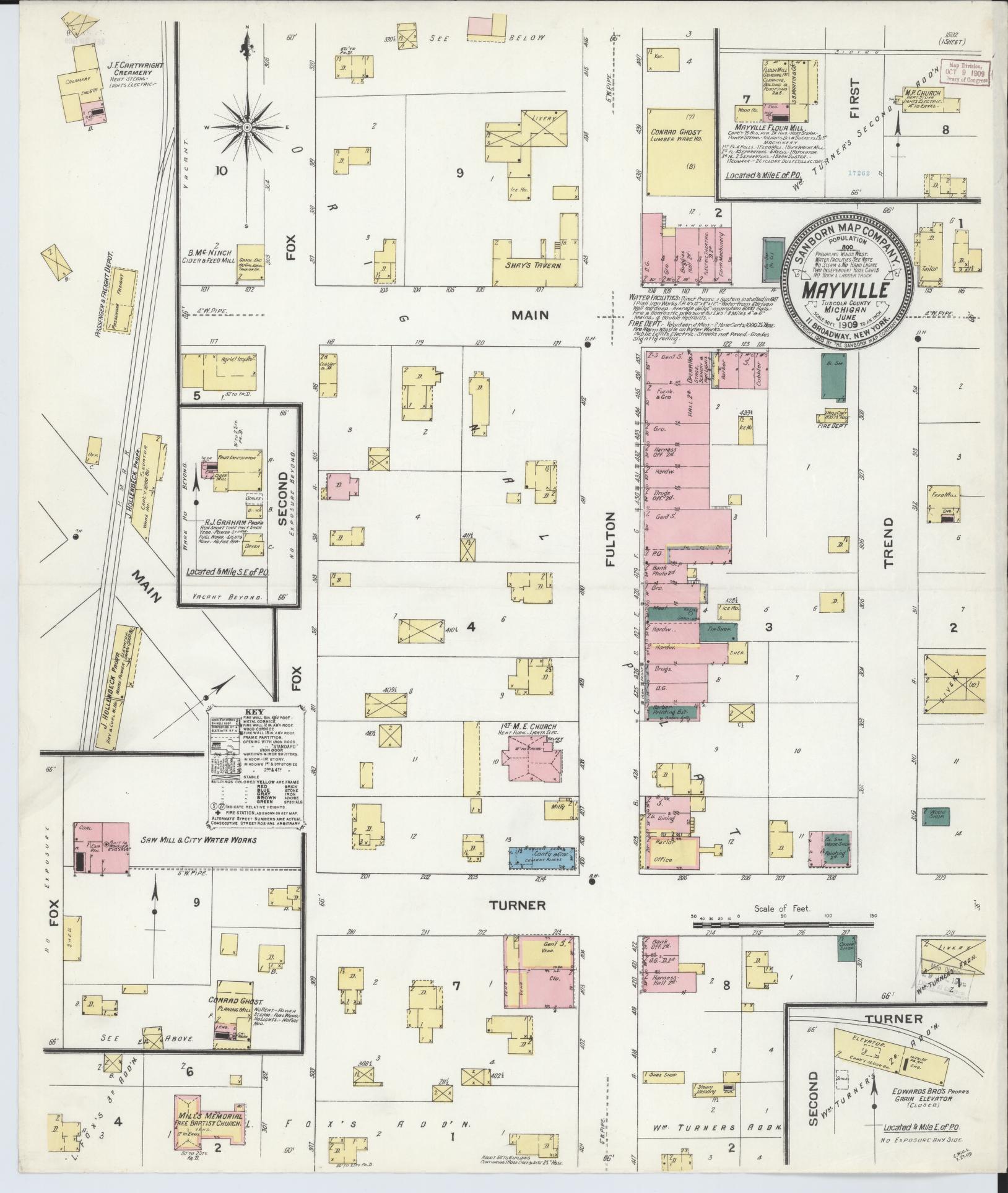 Sanborn Fire Insurance Map from Mayville, Tuscola County, Michigan (1909), Sheet #0001 - Historic Sanborn Fire Insurance Map Print, vintage old map wall art, antique decor, genealogy gift, Michigan Michigan map