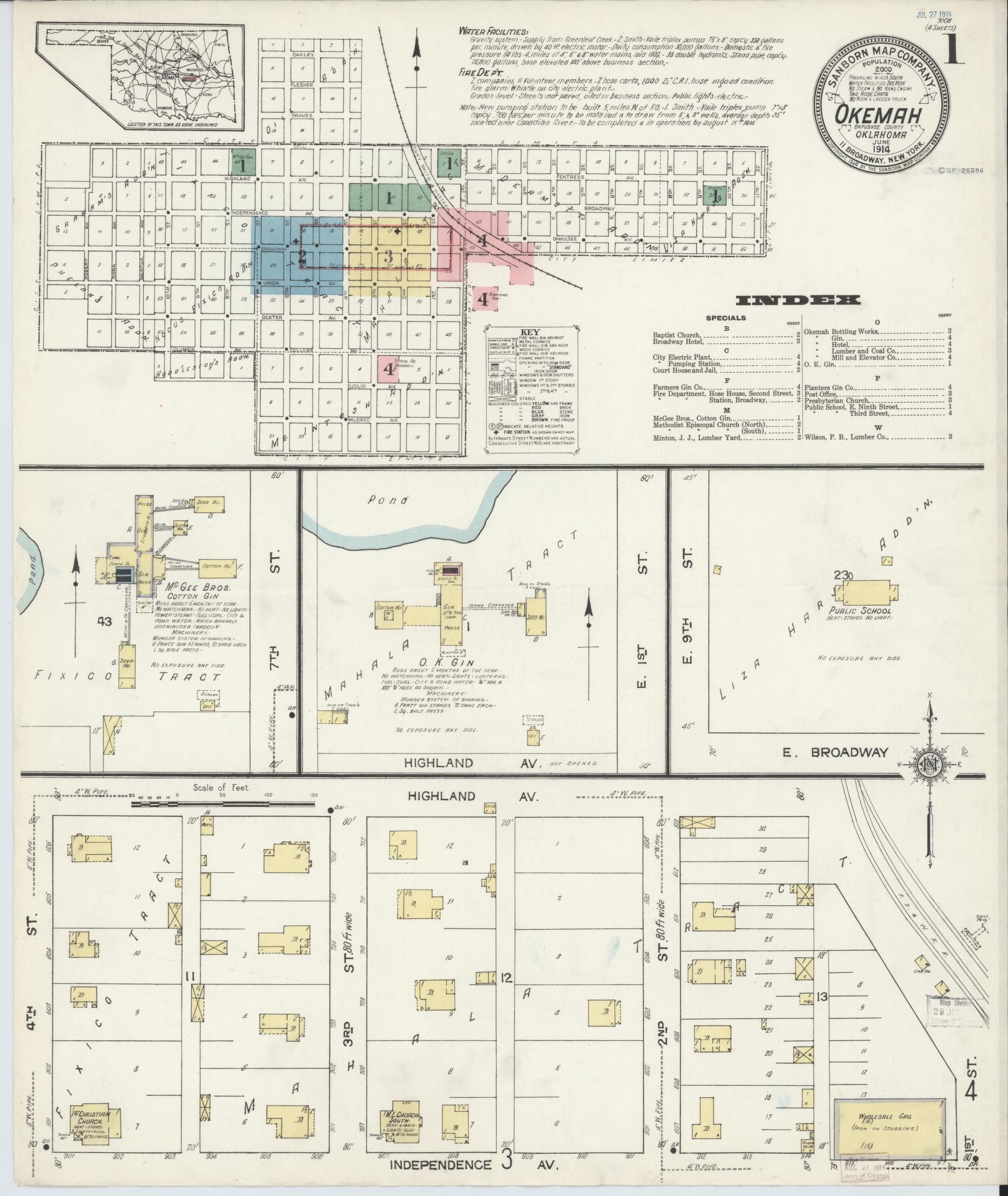 Sanborn Fire Insurance Map from Okemah, Okfuskee County, Oklahoma (1914), Sheet #0001 - Complete Map Set gallery image, historic Sanborn map, vintage wall art, Oklahoma Oklahoma