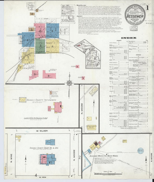 Sanborn Fire Insurance Map from Bessemer, Gogebic County, Michigan (1917), Sheet #0001 - Complete Map Set gallery image, historic Sanborn map, vintage wall art, Michigan Michigan