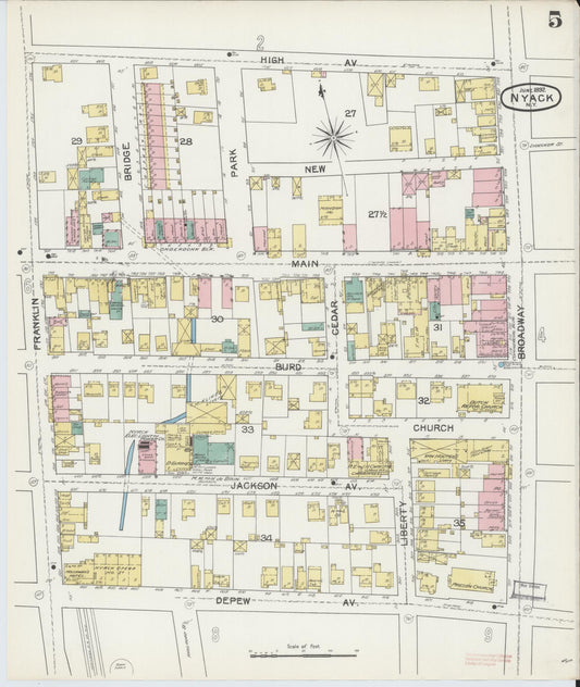 Sanborn Fire Insurance Map from Nyack, Rockland County, New York (1892), Sheet #0005 - Historic Sanborn Fire Insurance Map Print, vintage old map wall art, antique decor, genealogy gift, New York New York map