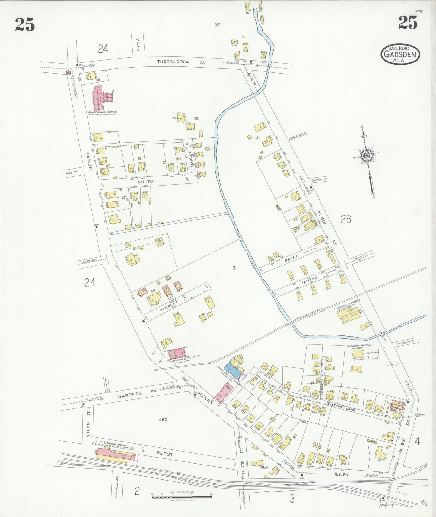 Sanborn Fire Insurance Map from Gadsden, Etowah County, Alabama (1930), Sheet #0025 - Historic Sanborn Fire Insurance Map Print, vintage old map wall art, antique decor, genealogy gift, Alabama Alabama map