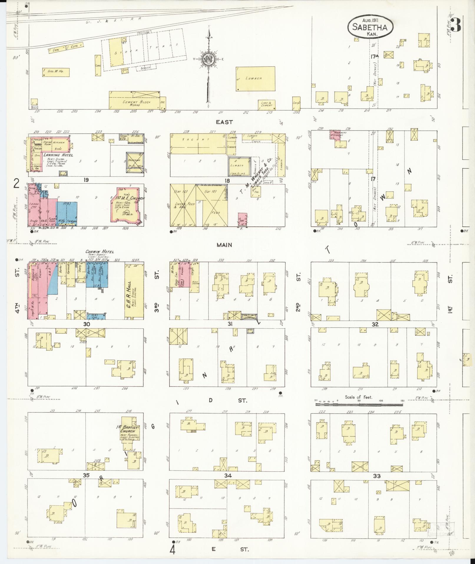 Sanborn Fire Insurance Map from Sabetha, Nemaha County, Kansas (1911), Sheet #0003 - Historic Sanborn Fire Insurance Map Print, vintage old map wall art, antique decor, genealogy gift, Kansas Kansas map