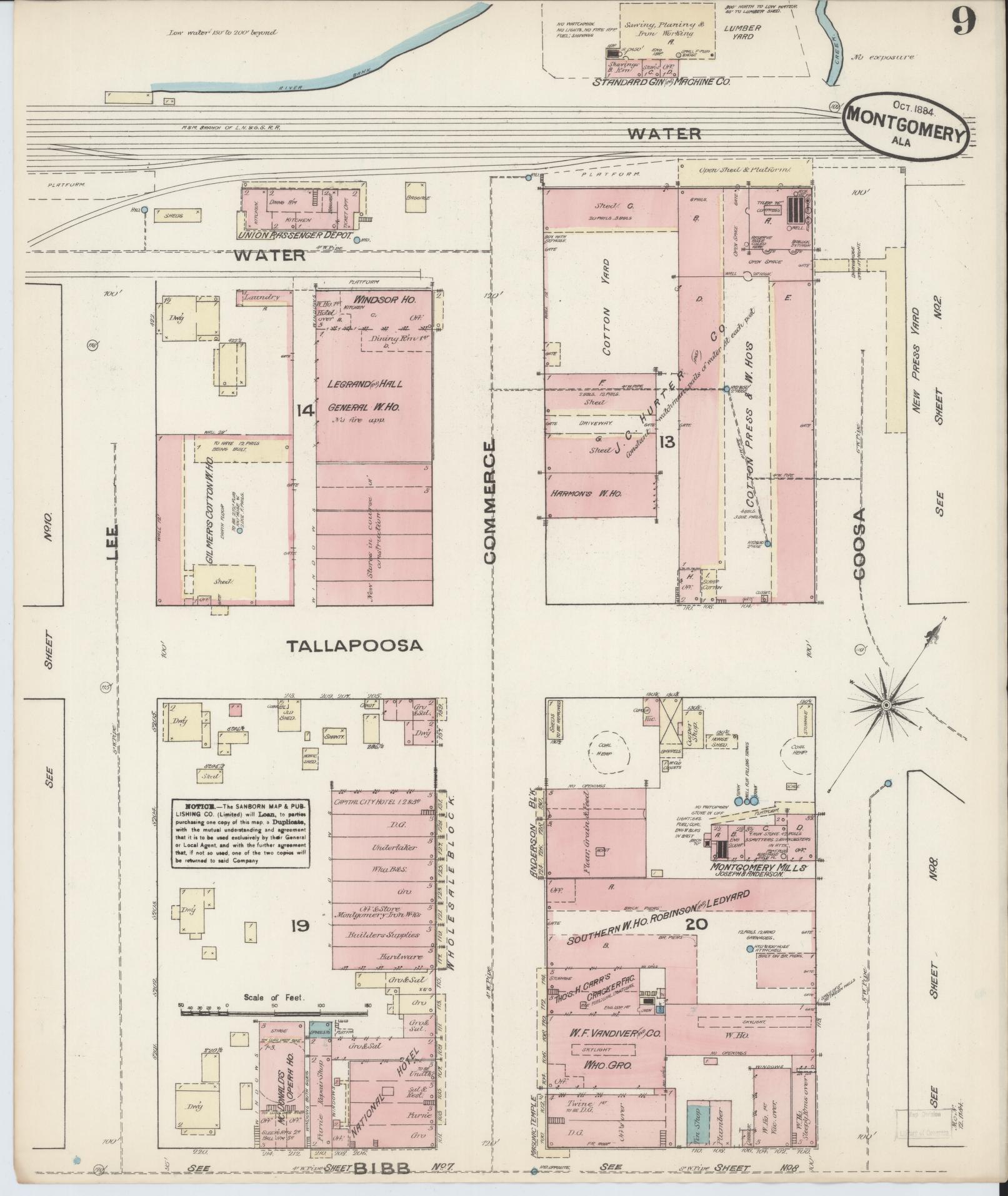 Sanborn Fire Insurance Map from Montgomery, Montgomery County, Alabama (1884), Sheet #0009 - Historic Sanborn Fire Insurance Map Print, vintage old map wall art, antique decor, genealogy gift, Alabama Alabama map