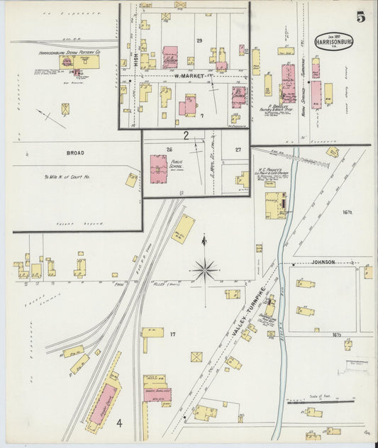 Sanborn Fire Insurance Map from Harrisonburg, Independent Cities, Virginia (1897), Sheet #0005 - Historic Sanborn Fire Insurance Map Print, vintage old map wall art, antique decor, genealogy gift, Virginia Virginia map