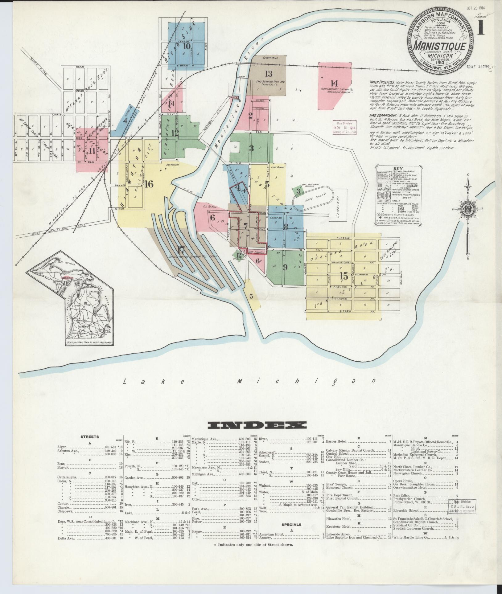Sanborn Fire Insurance Map from Manistique, Schoolcraft County, Michigan (1914), Sheet #0001 - Complete Map Set gallery image, historic Sanborn map, vintage wall art, Michigan Michigan