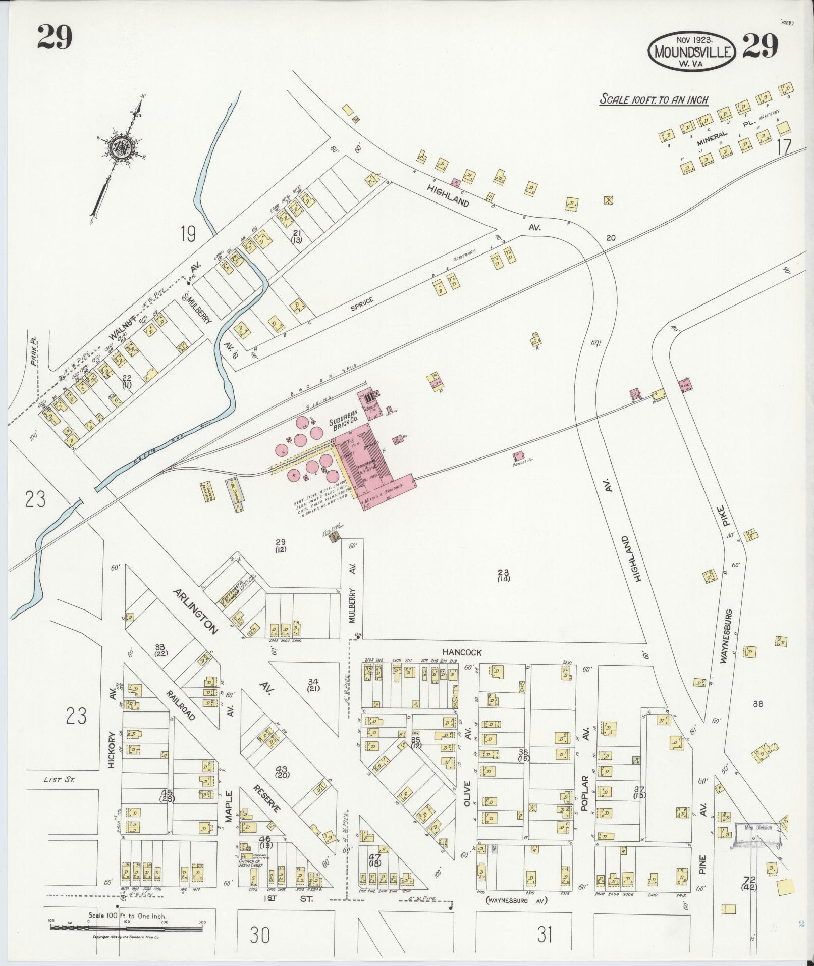 Sanborn Fire Insurance Map from Moundsville, Marshall County, West Virginia (1923), Sheet #0029 - Historic Sanborn Fire Insurance Map Print, vintage old map wall art, antique decor, genealogy gift, West Virginia West Virginia map