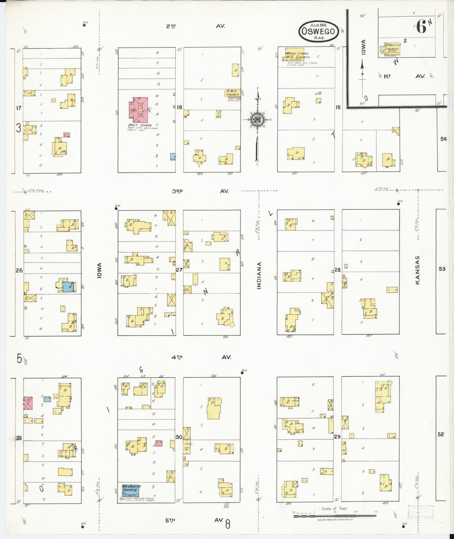 Sanborn Fire Insurance Map from Oswego, Labette County, Kansas (1918), Sheet #0006 - Historic Sanborn Fire Insurance Map Print, vintage old map wall art, antique decor, genealogy gift, Kansas Kansas map