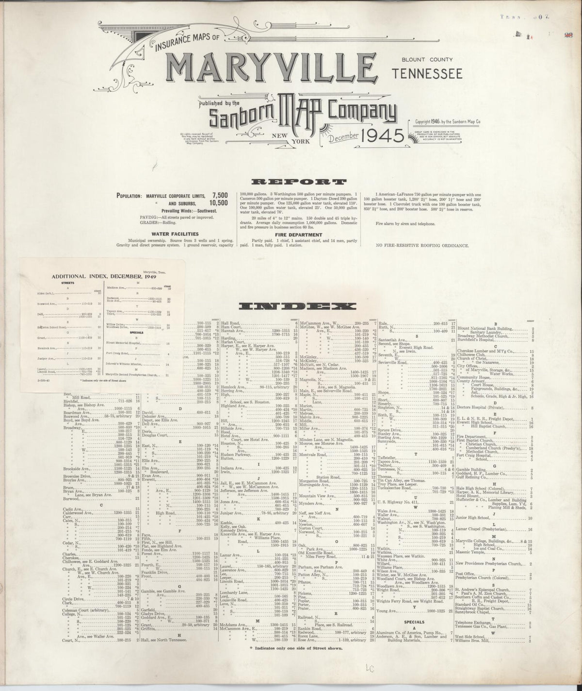 Sanborn Fire Insurance Map from Maryville, Blount County, Tennessee (1949), Sheet #0001 - Historic Sanborn Fire Insurance Map Print, vintage old map wall art, antique decor, genealogy gift, Tennessee Tennessee map
