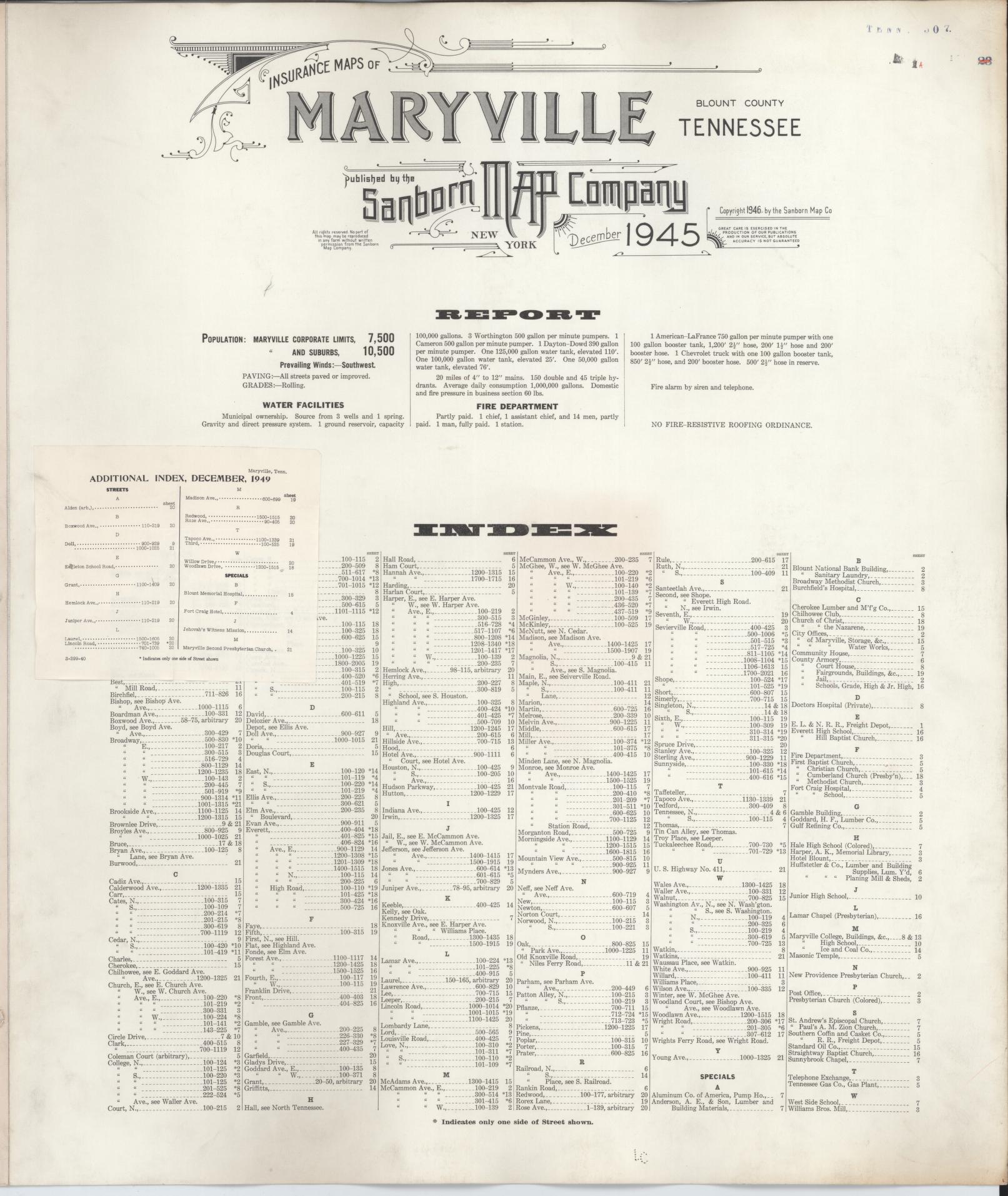 Sanborn Fire Insurance Map from Maryville, Blount County, Tennessee (1949), Sheet #0001 - Historic Sanborn Fire Insurance Map Print, vintage old map wall art, antique decor, genealogy gift, Tennessee Tennessee map