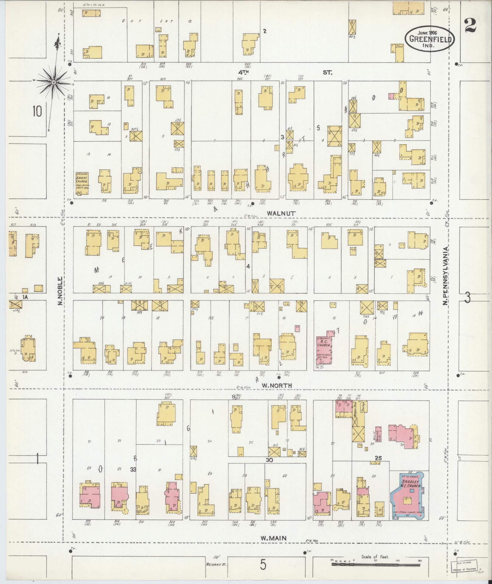 Sanborn Fire Insurance Map from Greenfield, Hancock County, Indiana (1906), Sheet #0002 - Complete Map Set gallery image, historic Sanborn map, vintage wall art, Indiana Indiana