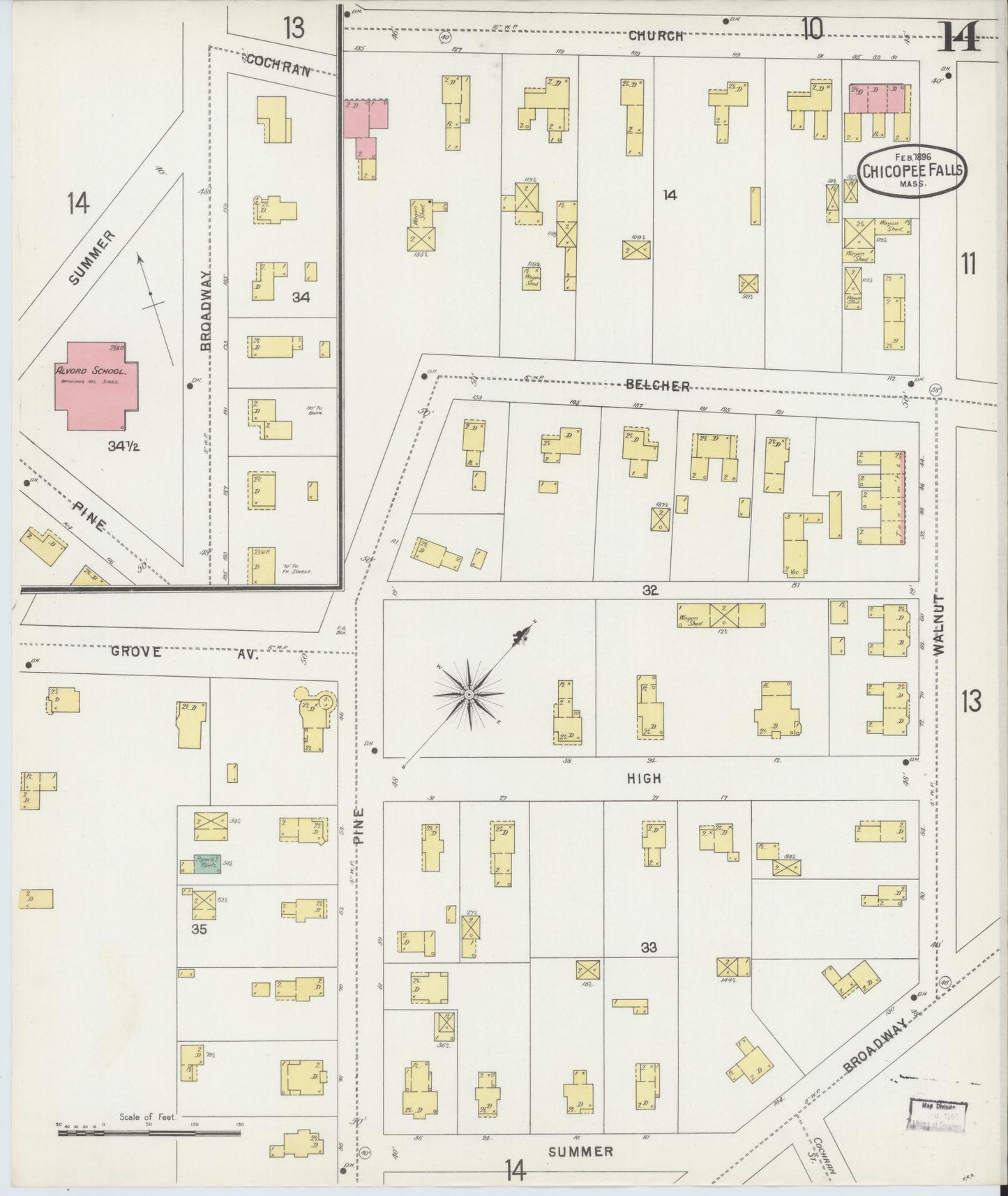 Sanborn Fire Insurance Map from Chicopee, Hampden County, Massachusetts (1896), Sheet #0014 - Complete Map Set gallery image, historic Sanborn map, vintage wall art, Massachusetts Massachusetts