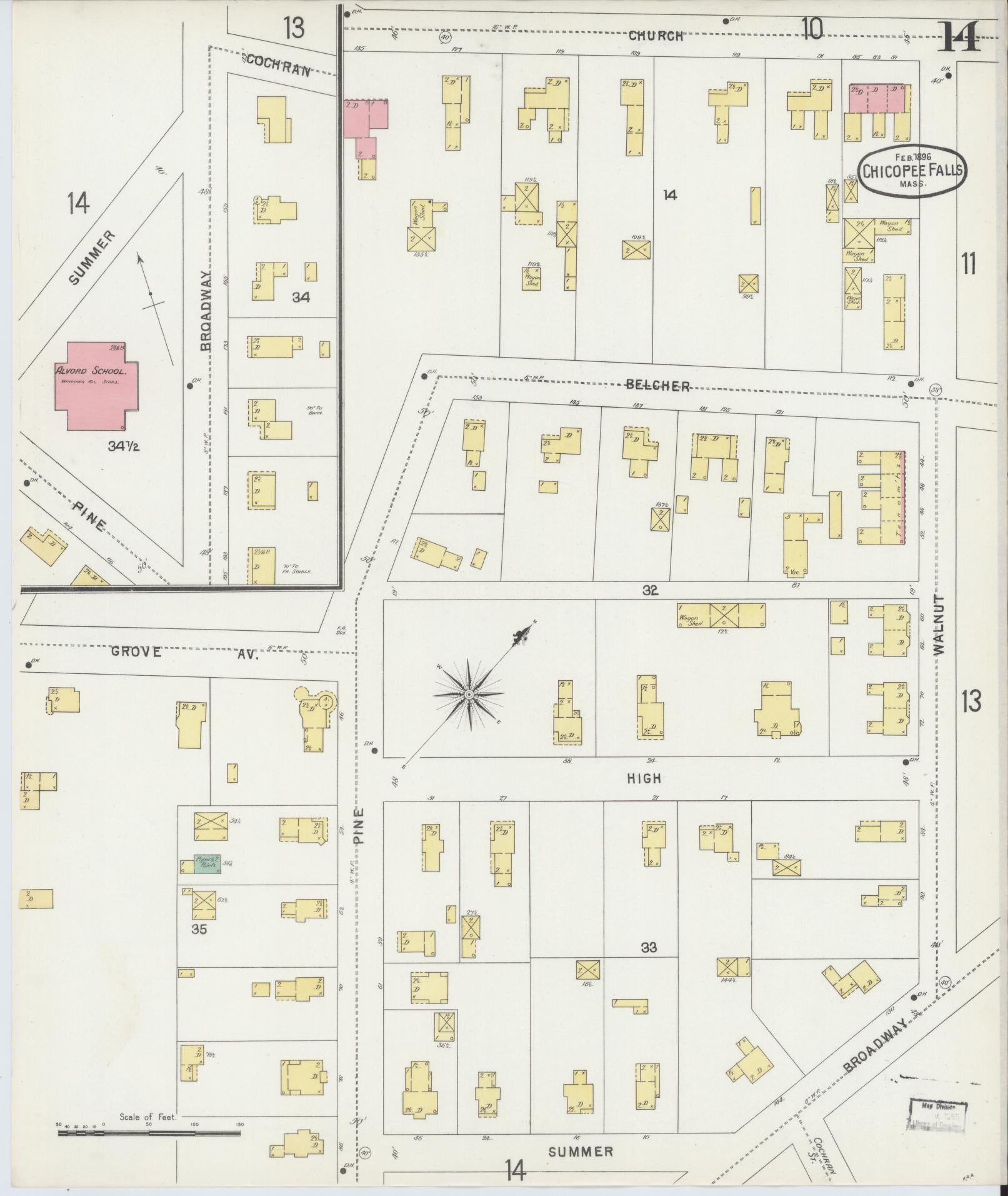 Sanborn Fire Insurance Map from Chicopee, Hampden County, Massachusetts (1896), Sheet #0014 - Complete Map Set gallery image, historic Sanborn map, vintage wall art, Massachusetts Massachusetts