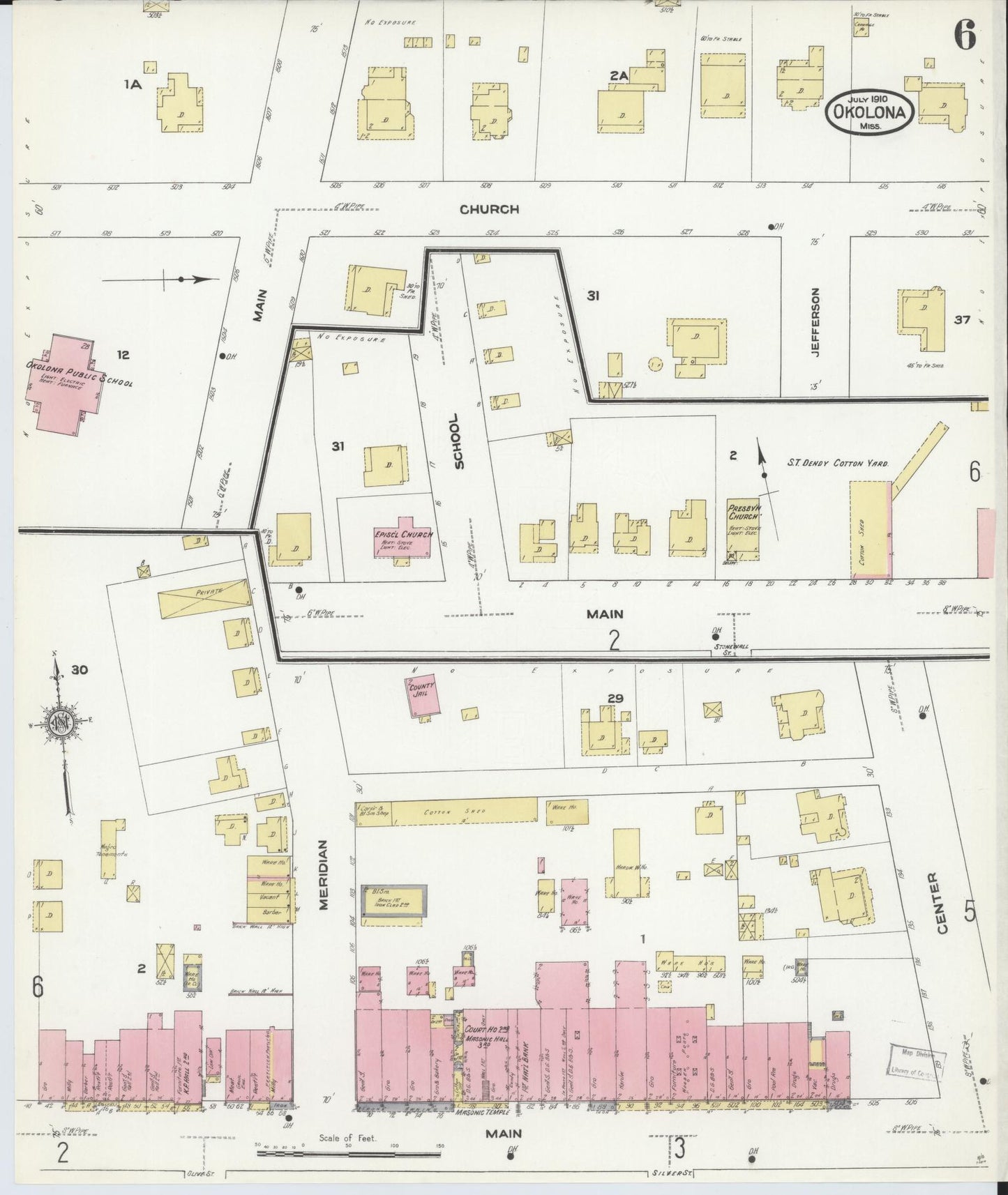 Sanborn Fire Insurance Map from Okolona, Chickasaw County, Mississippi (1910), Sheet #0006 - Complete Map Set gallery image, historic Sanborn map, vintage wall art, Mississippi Mississippi