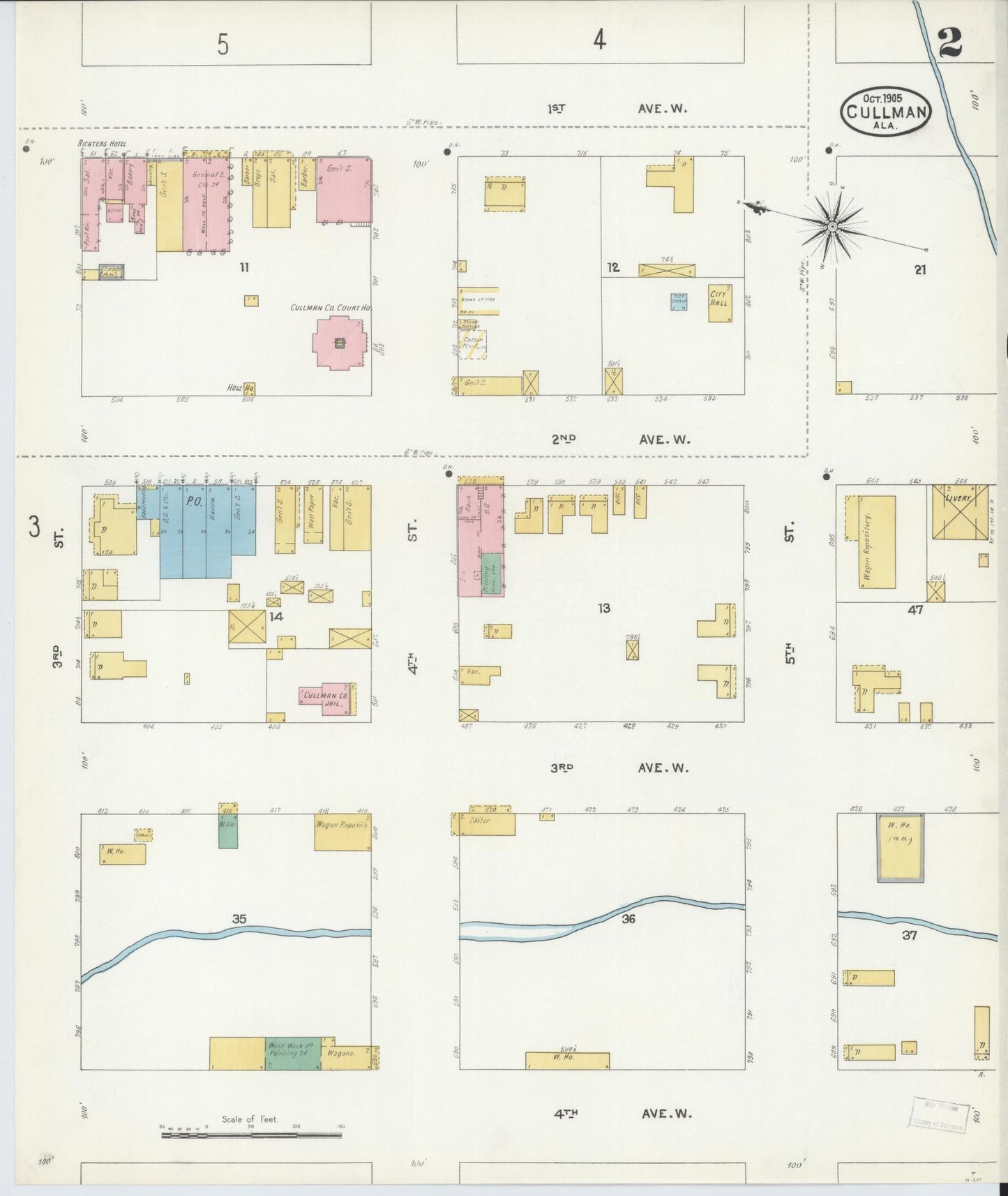 Sanborn Fire Insurance Map from Cullman, Cullman County, Alabama (1905), Sheet #0002 - Historic Sanborn Fire Insurance Map Print, vintage old map wall art, antique decor, genealogy gift, Alabama Alabama map