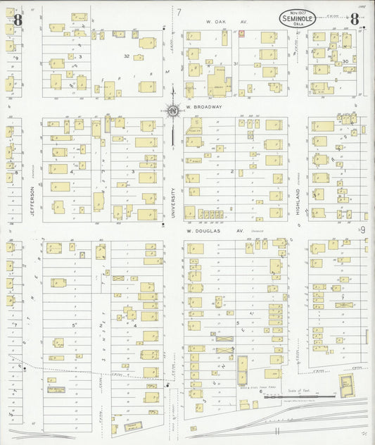 Sanborn Fire Insurance Map from Seminole, Seminole County, Oklahoma (1927), Sheet #0008 - Historic Sanborn Fire Insurance Map Print, vintage old map wall art, antique decor, genealogy gift, Oklahoma Oklahoma map
