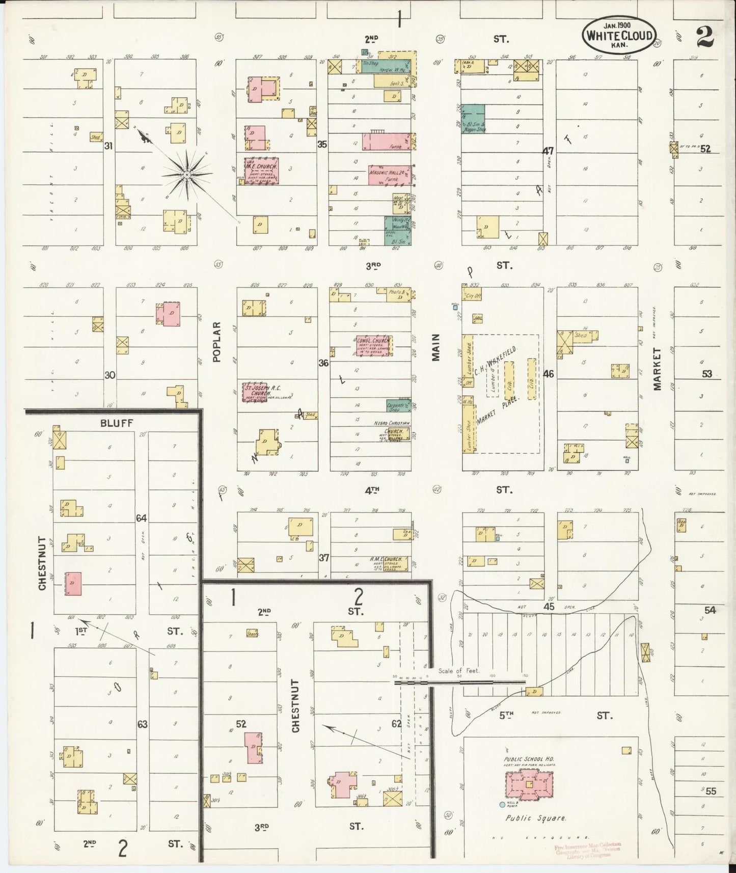 Sanborn Fire Insurance Map from White Cloud, Doniphan County, Kansas (1900), Sheet #0002 - Historic Sanborn Fire Insurance Map Print, vintage old map wall art, antique decor, genealogy gift, Kansas Kansas map